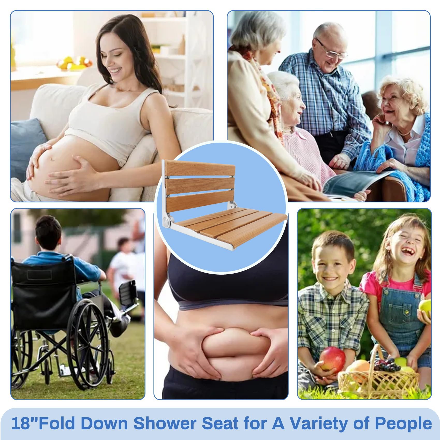 16IN Folding Teak Shower Seat Wall Mounted - 400LB Weight Capacity for Elderly, Disabled & Pregnant - Space Saving Bathroom Safety Seat for Showers & Bathtubs [2025 New Model]