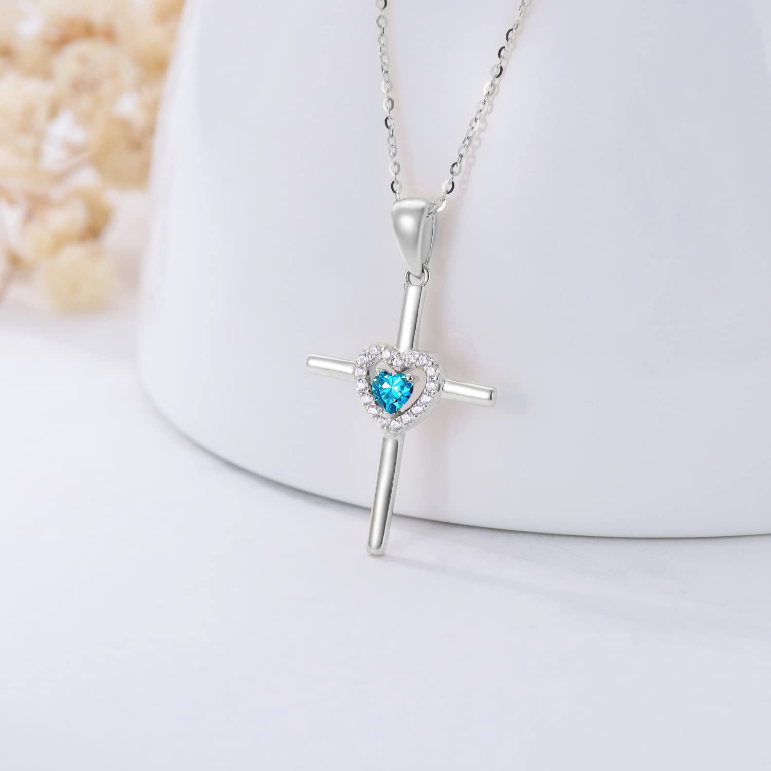 Sterling Silver Cross Necklace for Women - Heart Birthstone Pendant Religious Jewelry Gift for Mom, Teen Girls (18+2 Inches) | Perfect for Birthday, Baptism, Confirmation & Everyday Faith Wear