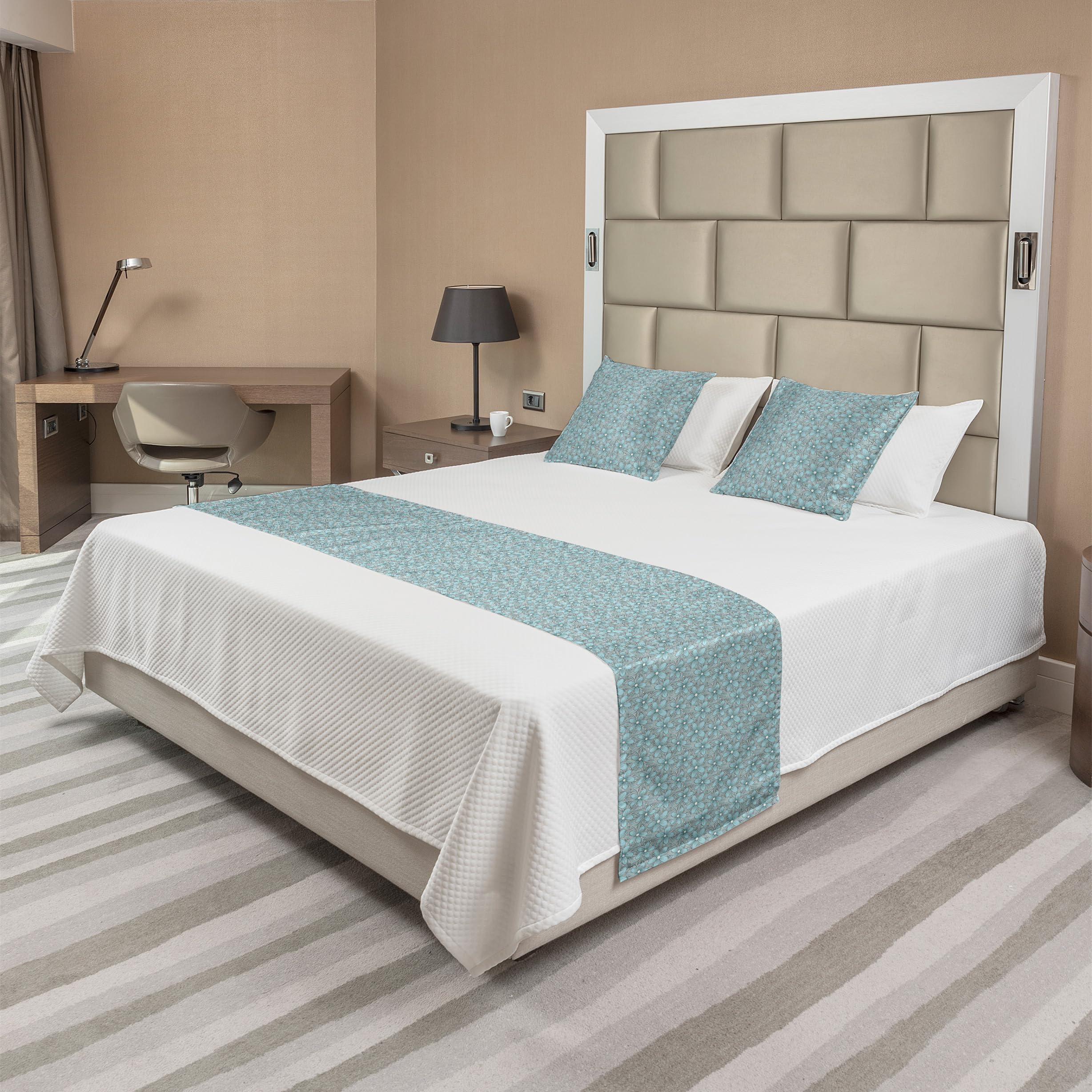 Ambesonne Floral Bed Runner Set with 2 Pillow Shams - Queen Size Botanical Bedding Scarf in Aqua White Dark Grey for Hotels & Home Decor | Perfect for Master Bedroom, Guest Room & Wedding Decor