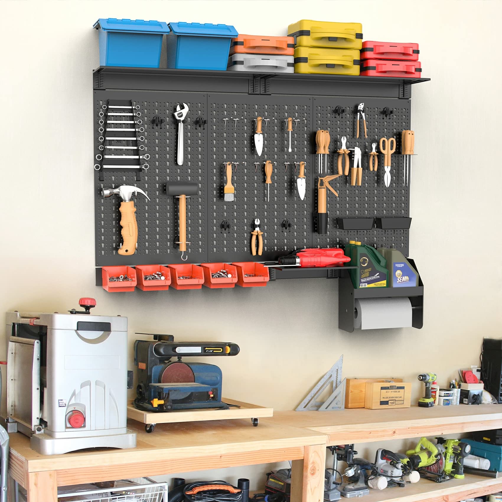 TORACK 4ft Metal Pegboard Wall Organizer - Heavy Duty Garage Tool Storage System with Wall Mount Bins, Shelves & Accessories | Perfect for Workshop, Garage & DIY Projects (Black)
