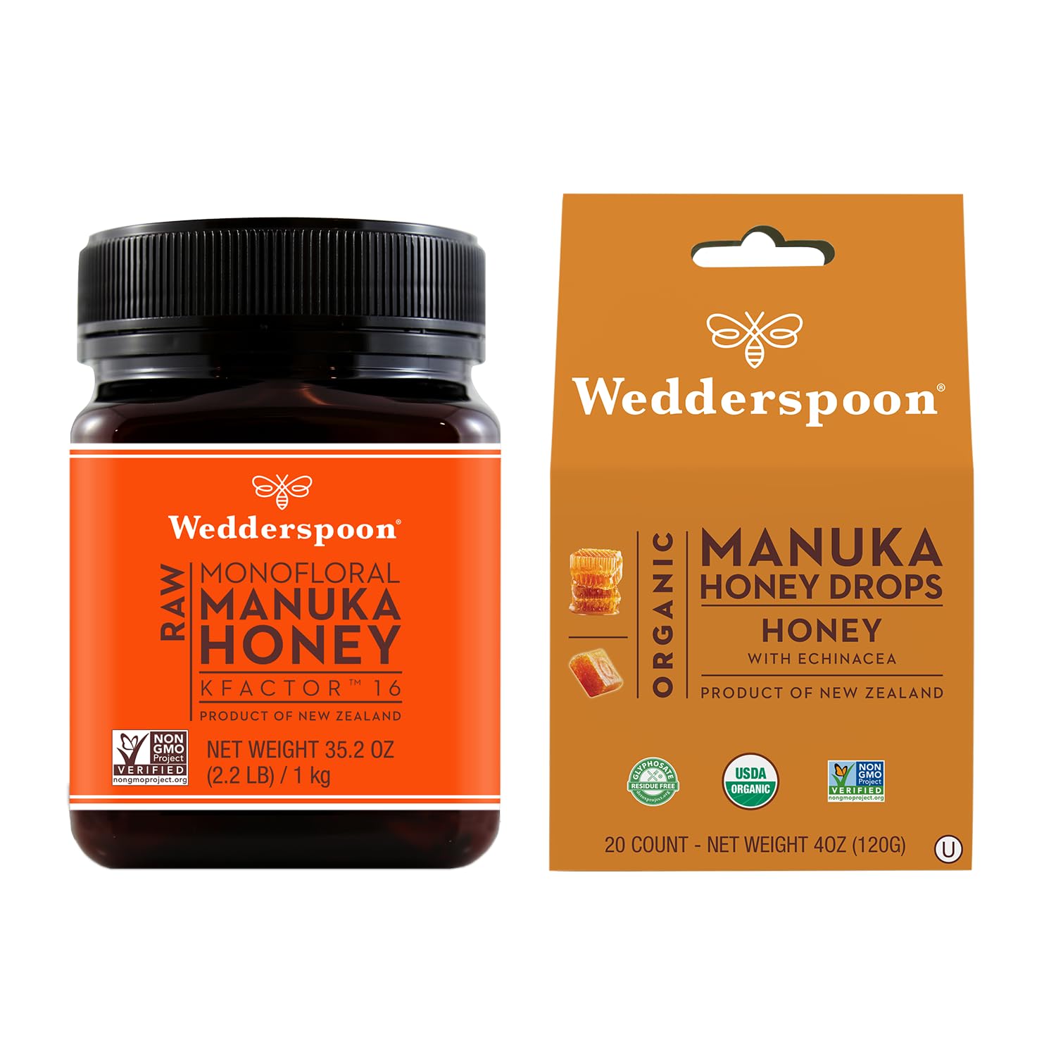 Wedderspoon Raw Premium Manuka Honey KFactor 16 (35.2 Oz) & Honey Echinacea Drops (4 Oz) Bundle - Immune Support, Natural Cough Relief, Perfect for Tea & Wellness Routines