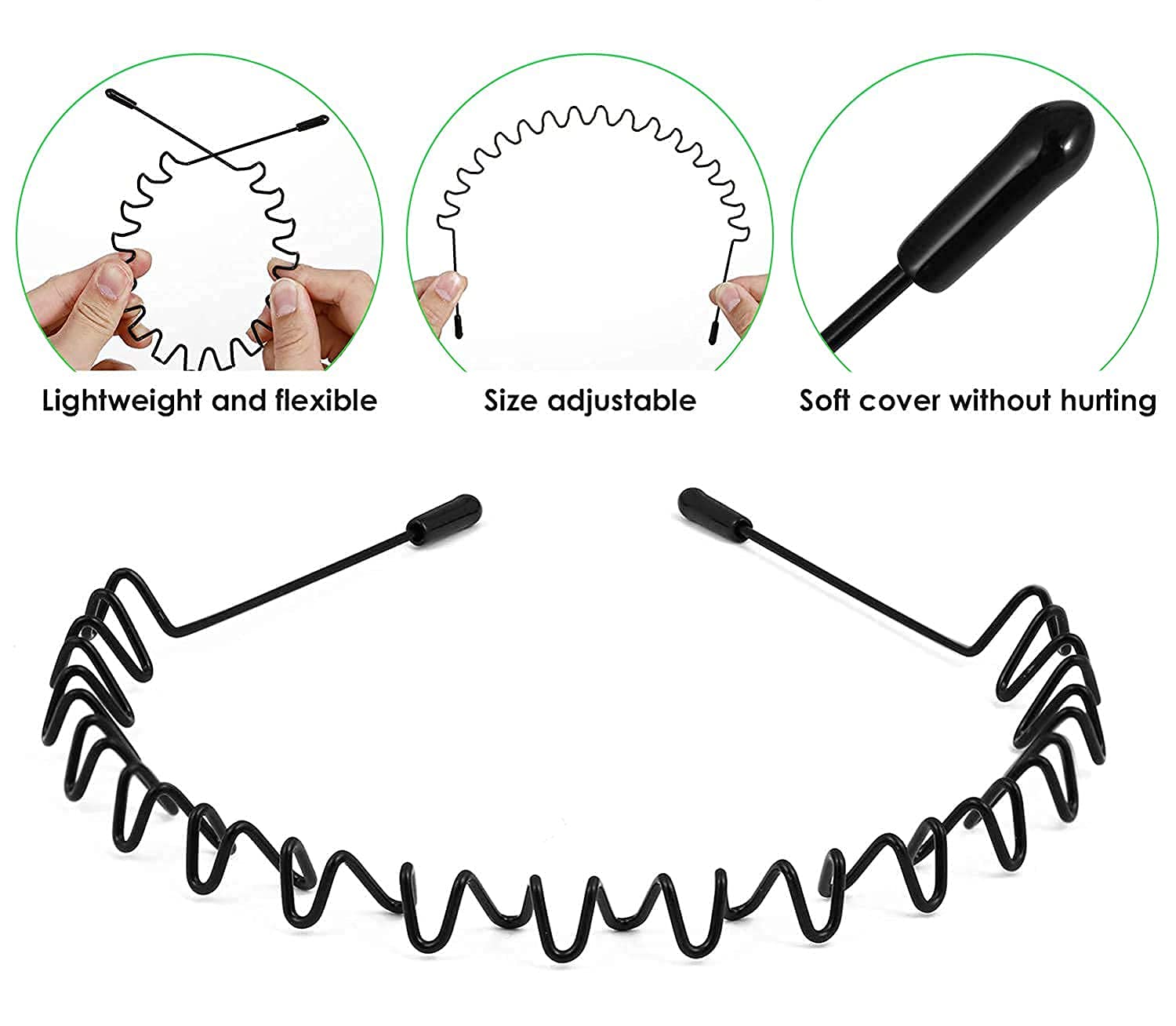 Fameza Elastic Wavy Spring Wave Hair Band - 6 Pack Black Non-Slip Metal Hair Hoop for Women & Men | Unisex Sport & Fashion Hair Accessories | Perfect for Workouts, Yoga, Running & Daily Styling