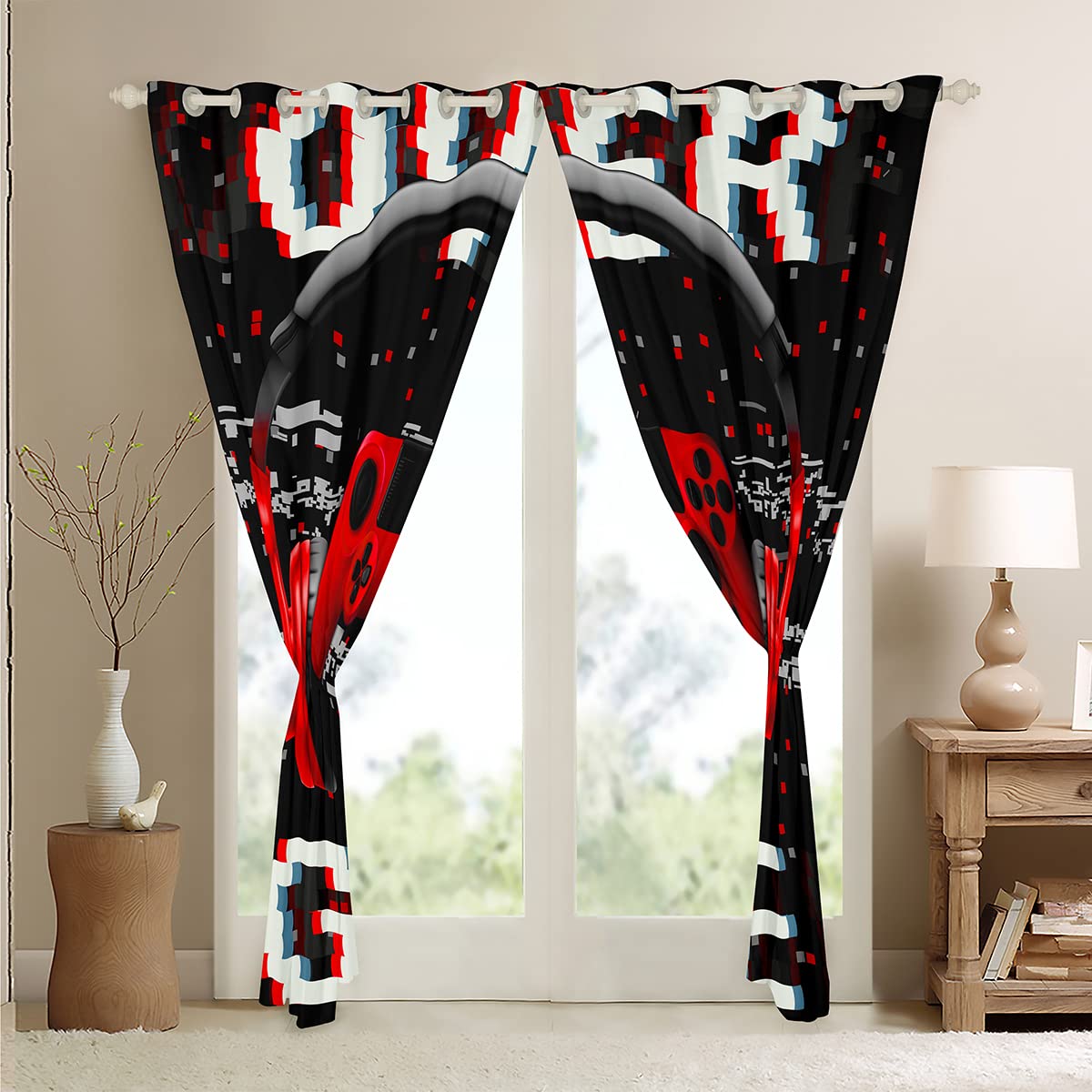 Erosebridal 3D Headset Headphones & Gaming Controller Printed Window Curtains for Living Room & Bedroom (2 Panels, 38x54 Inches) - Red Video Game Themed Drapes for Teens & Kids | Perfect for Gamers' Rooms & Game Themed Decor