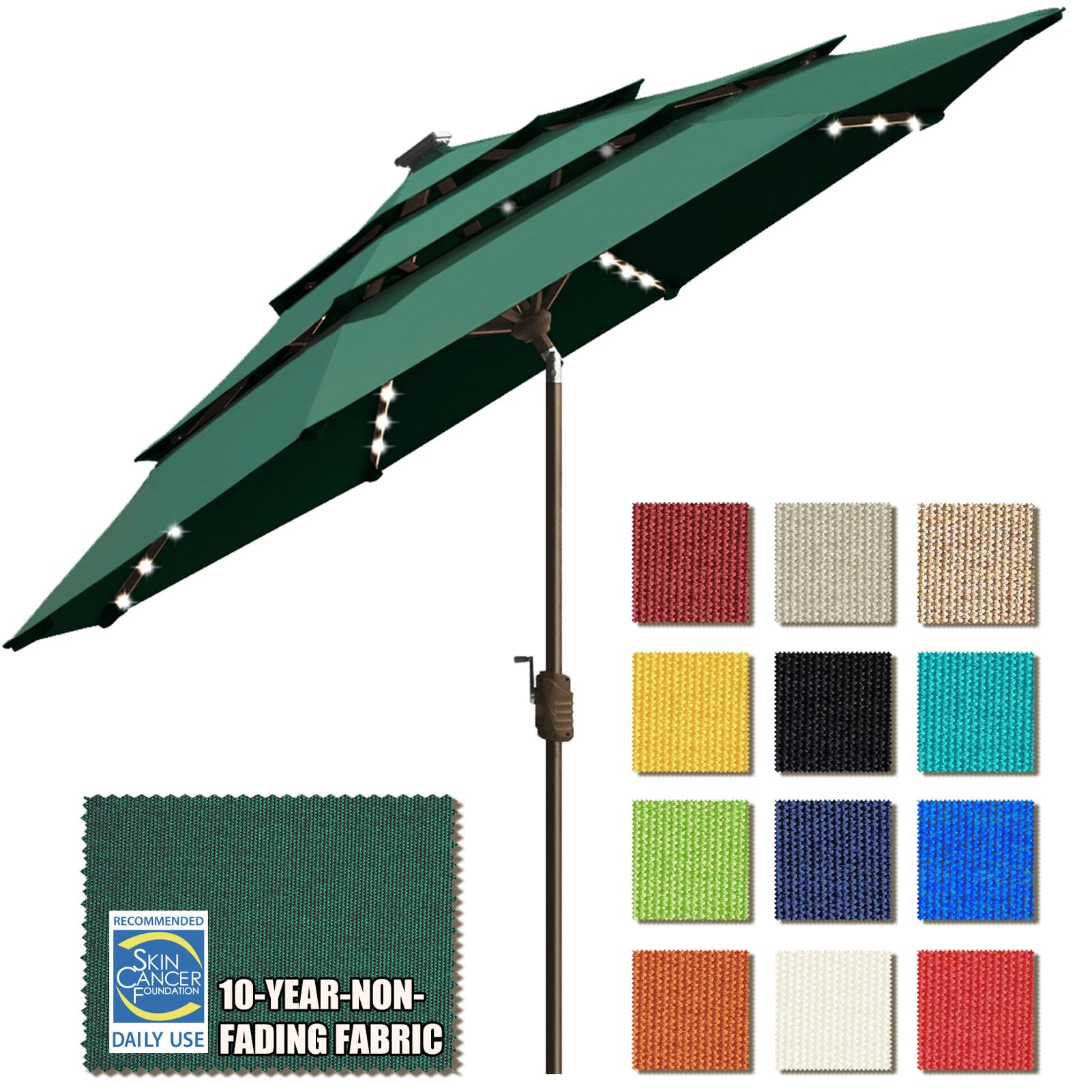 EliteShade USA 10-Year Fade-Resistant 9ft Solar-Powered 3-Tier Patio Umbrella with 80 LED Lights - Outdoor Market Umbrella with Ventilation & UV Protection (Forest Green) - Perfect for Backyard, Poolside, Restaurant & Outdoor Dining Areas