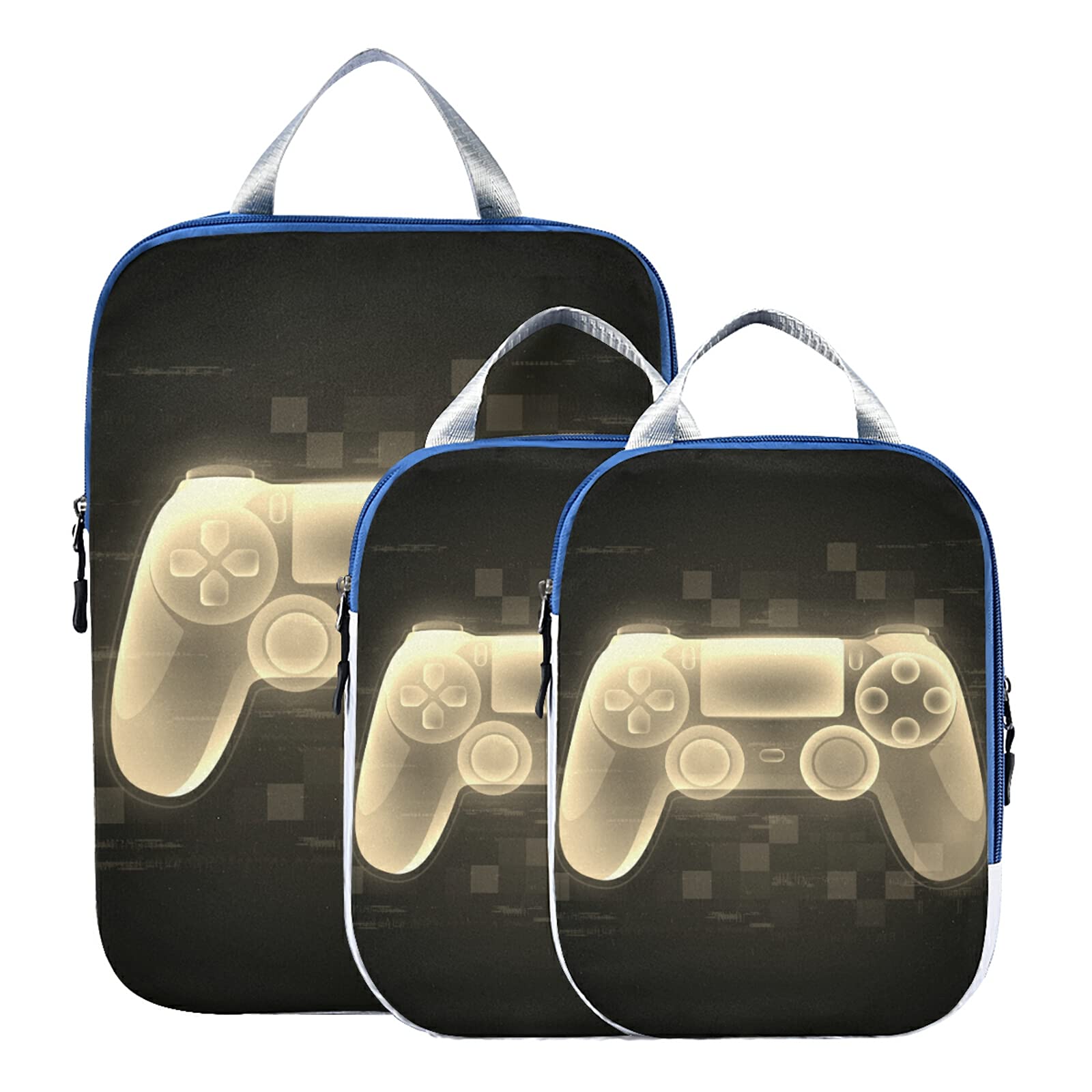 Vintage Retro Gamepad Joystick - 3 Pack Black Waterproof Check Oxford Cloth Packing Cubes | Travel Organizer for Toiletries, Electronics & Accessories | Perfect for Gaming Conventions, Business Trips & Vacation Luggage Organization