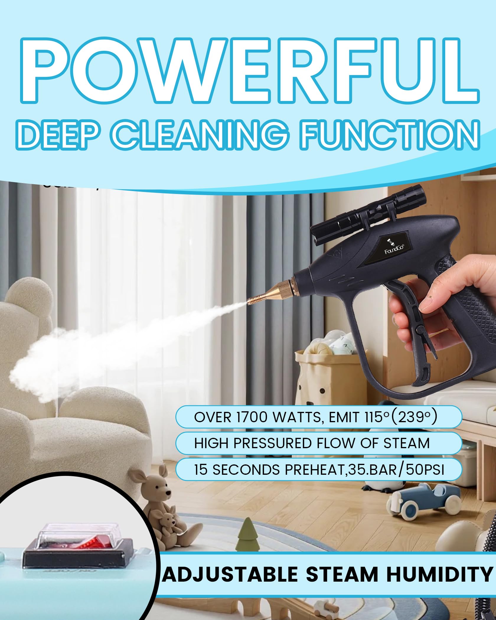 FoundGo 1700W Portable Handheld Steam Cleaner with 7 Attachments - 20-Second Fast Heating to 239°F, High-Pressure Steam for Deep Cleaning - Perfect for Home, Kitchen, Car, Floors, Tiles & More (Blue) | Sanitize & Disinfect Surfaces, Remove Stubborn Stains & Grease