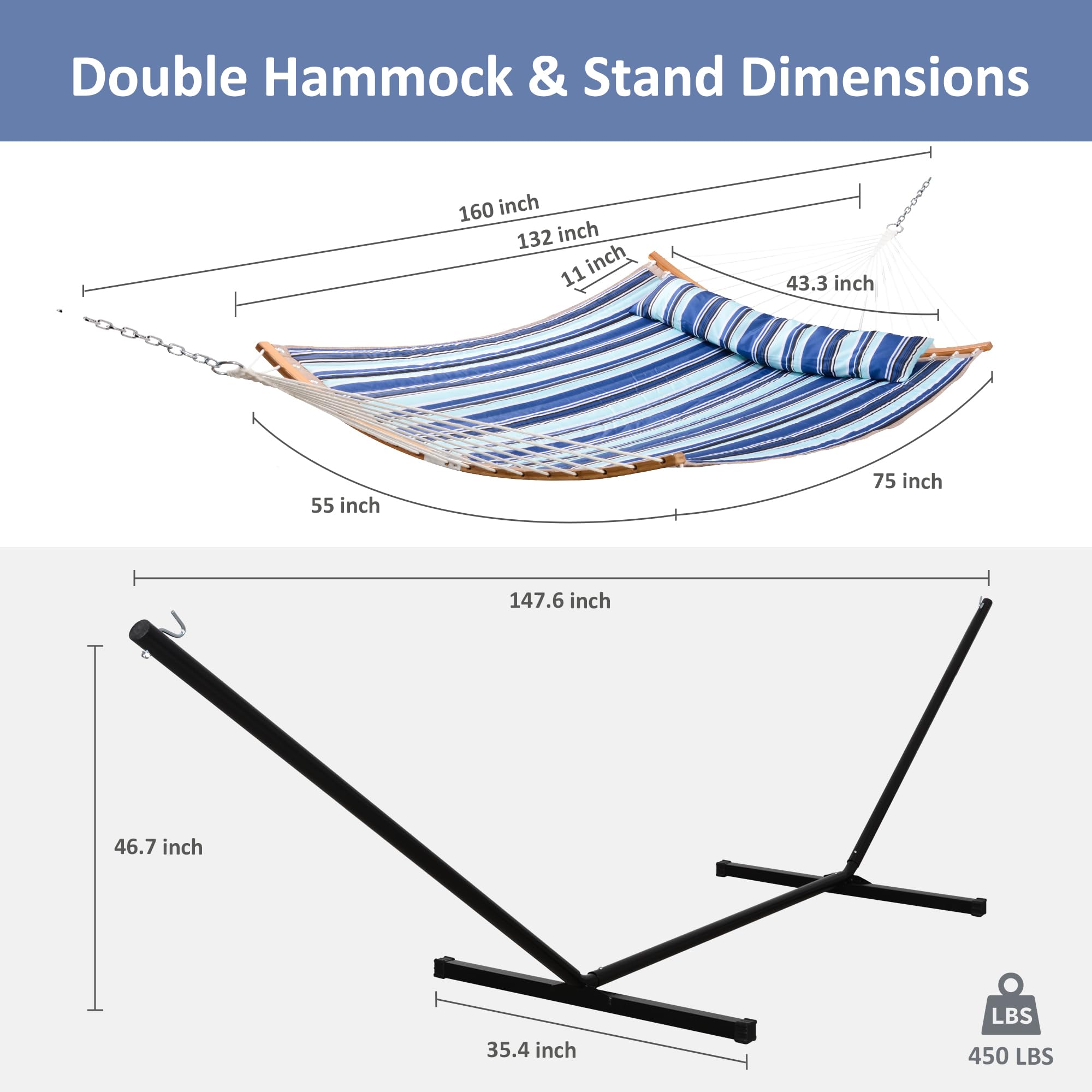 SUNCREAT Double Hammock with Stand - Portable Outdoor Hammock Set Includes Large Pillow (Blue Stripes) - Perfect for Backyard, Camping & Beach Relaxation