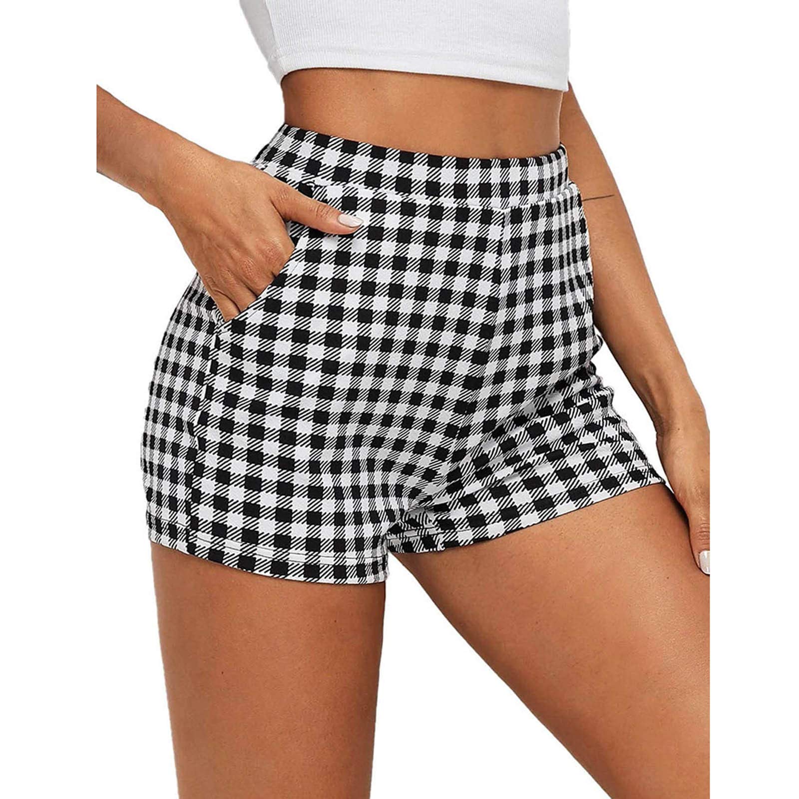 Women's High Waisted Plaid Shorts - Summer & Fall Casual Tunic Bodycon Graphic Pant Shorts | Perfect for Beach, Vacation, and Everyday Wear (Style A6)