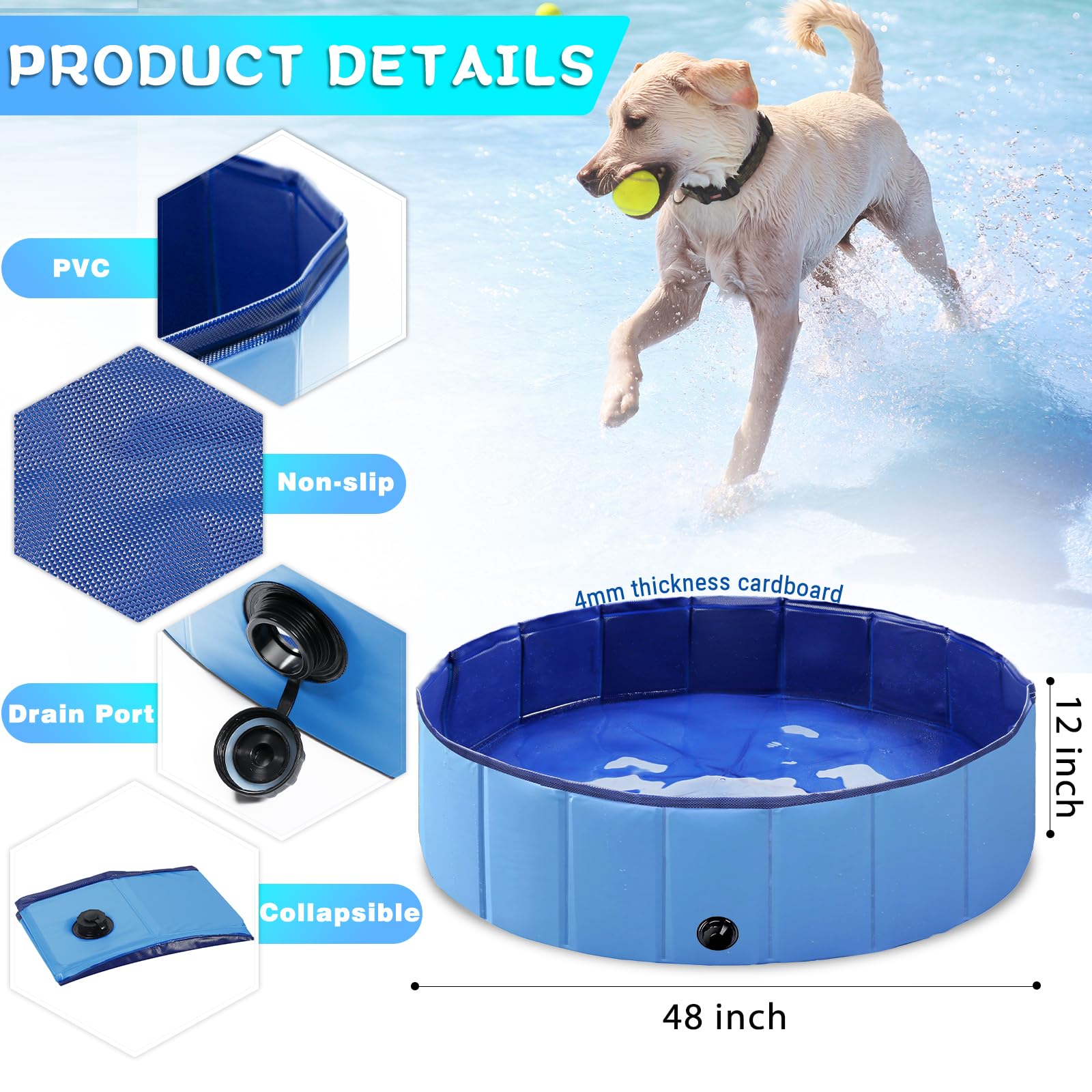 Foldable Dog Pool for Large & Small Dogs - 48x12 Inch Light Blue Collapsible Pet Wading Pool, Hard Plastic Kiddie Swimming Pool for Kids, Portable Dog Bathing Tub - Perfect for Backyard, Beach & Outdoor Play