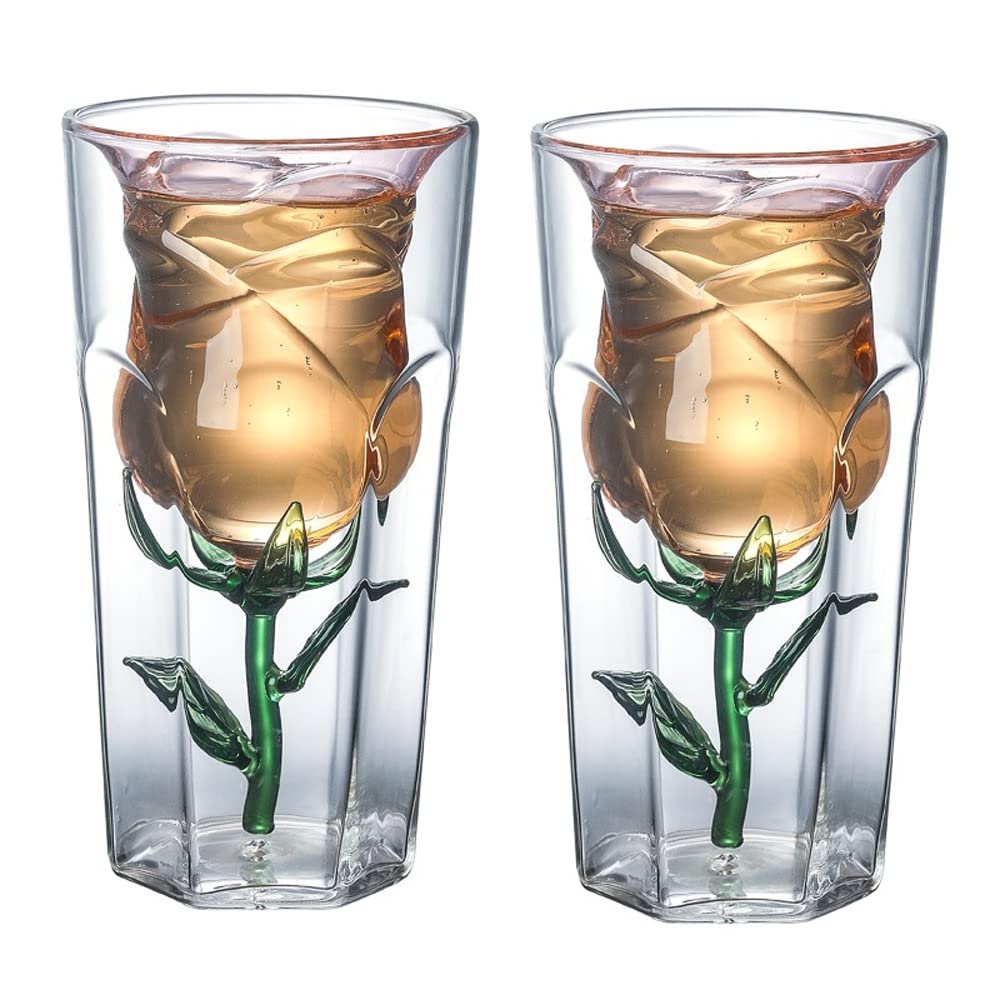 NONGLAN 180ml Creative Double Wall Rose Shaped Wine Glass - 2 Pack Elegant Stemware for Cocktails, Champagne & Red Wine | Perfect for Valentine's Day, Wedding, Anniversary Gifts & Romantic Dinner Party Decor