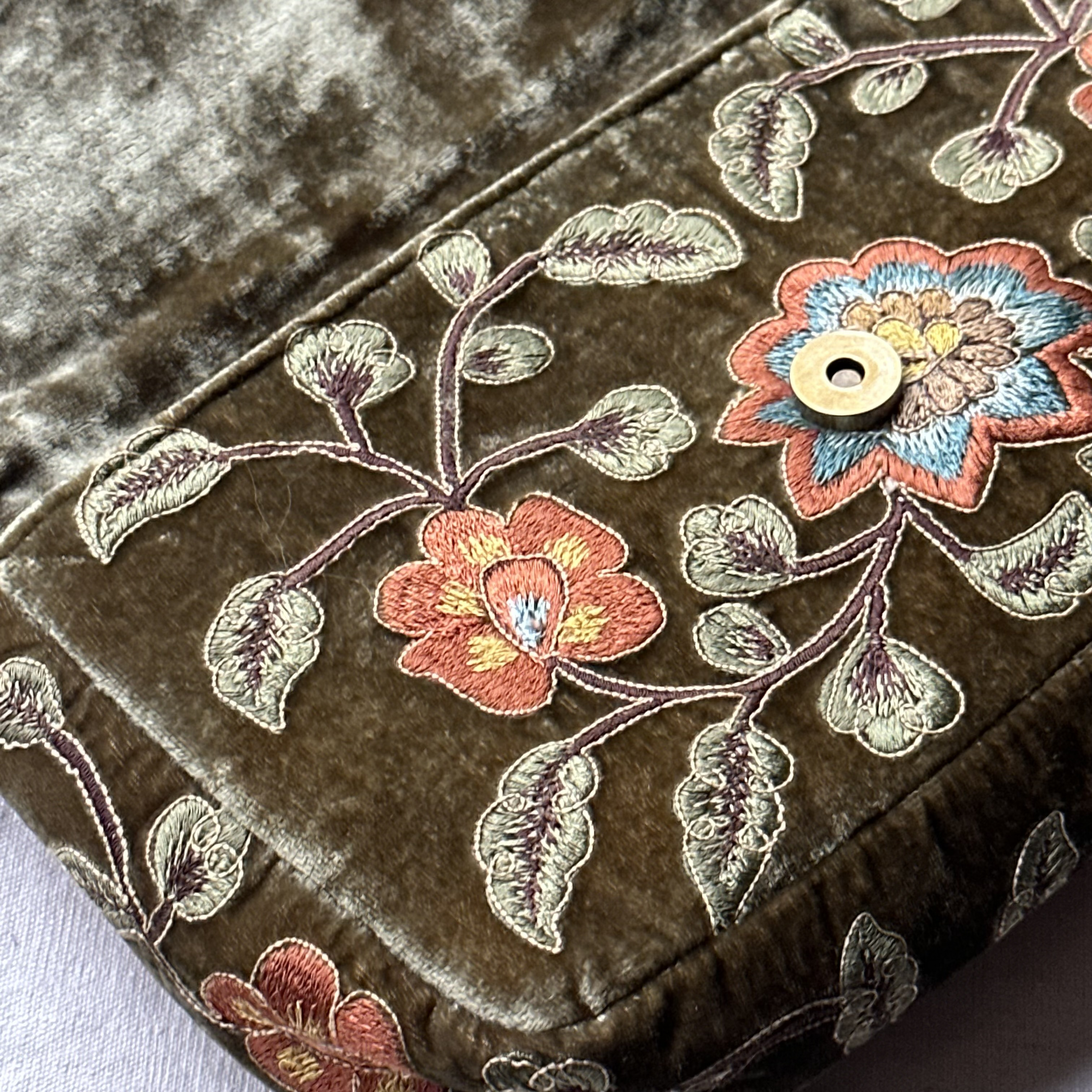 Carine Embroidered Silk Velvet Shoulder Bag for Women - Olive Green Luxury Crossbody Purse with Gold Chain Strap, Perfect for Evening Parties & Date Nights