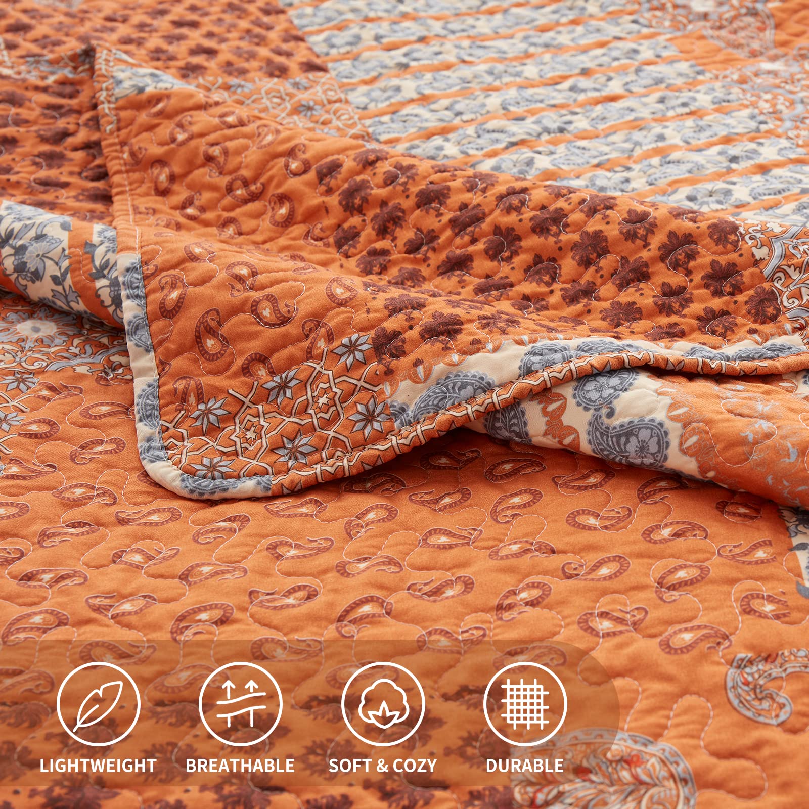 LEAONME King Size 3 Piece Quilt Set - Lightweight Microfiber Bedspread Coverlet & Comforter (98x106 Inch) for All Seasons | Paisley Burnt Orange/Rust Design | Includes 1 Quilt & 2 Pillow Shams | Perfect for Master Bedroom, Guest Room & Cozy Home Decor