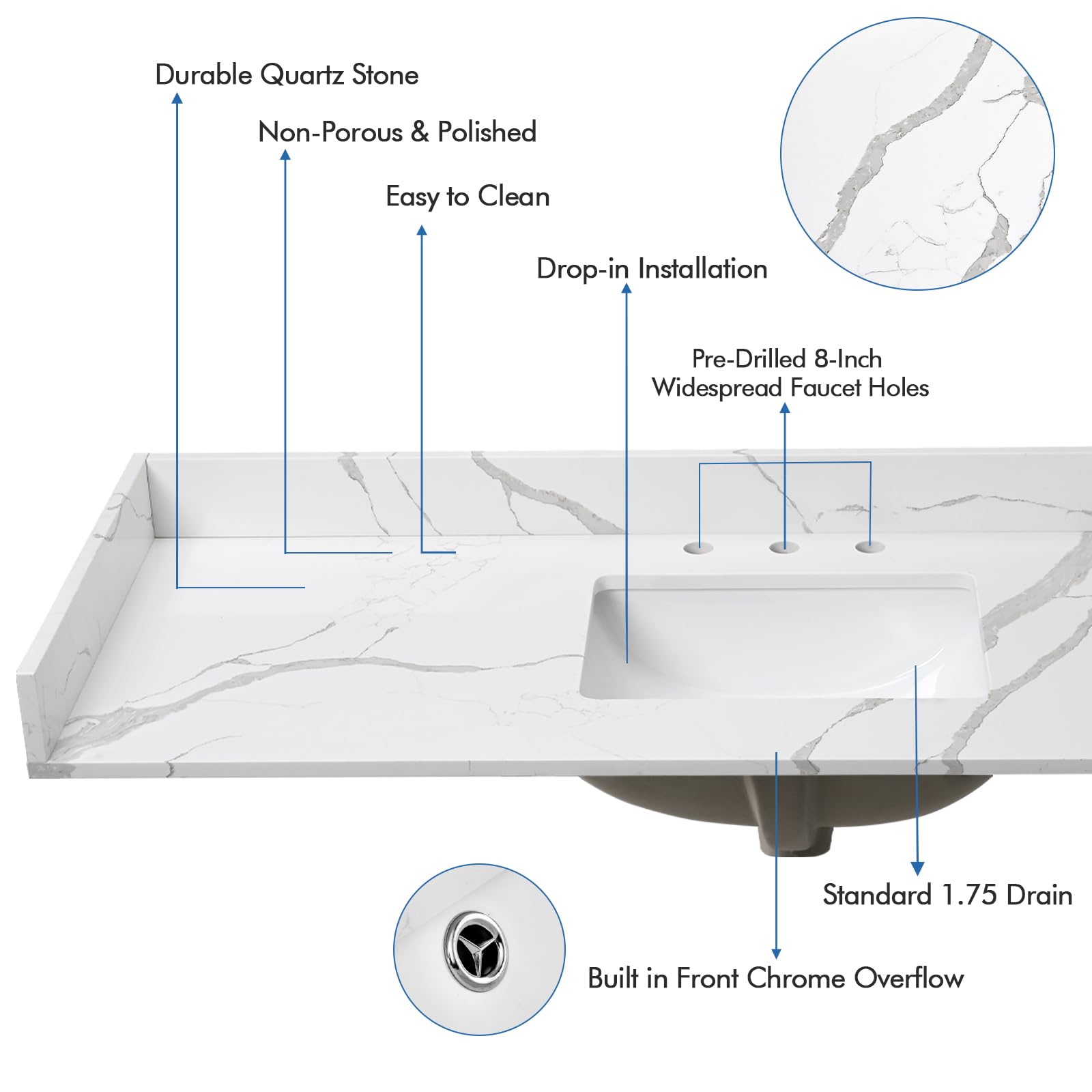 Calacatta Quartz Vanity Top with Sink - 60x22 Inch for Bathroom