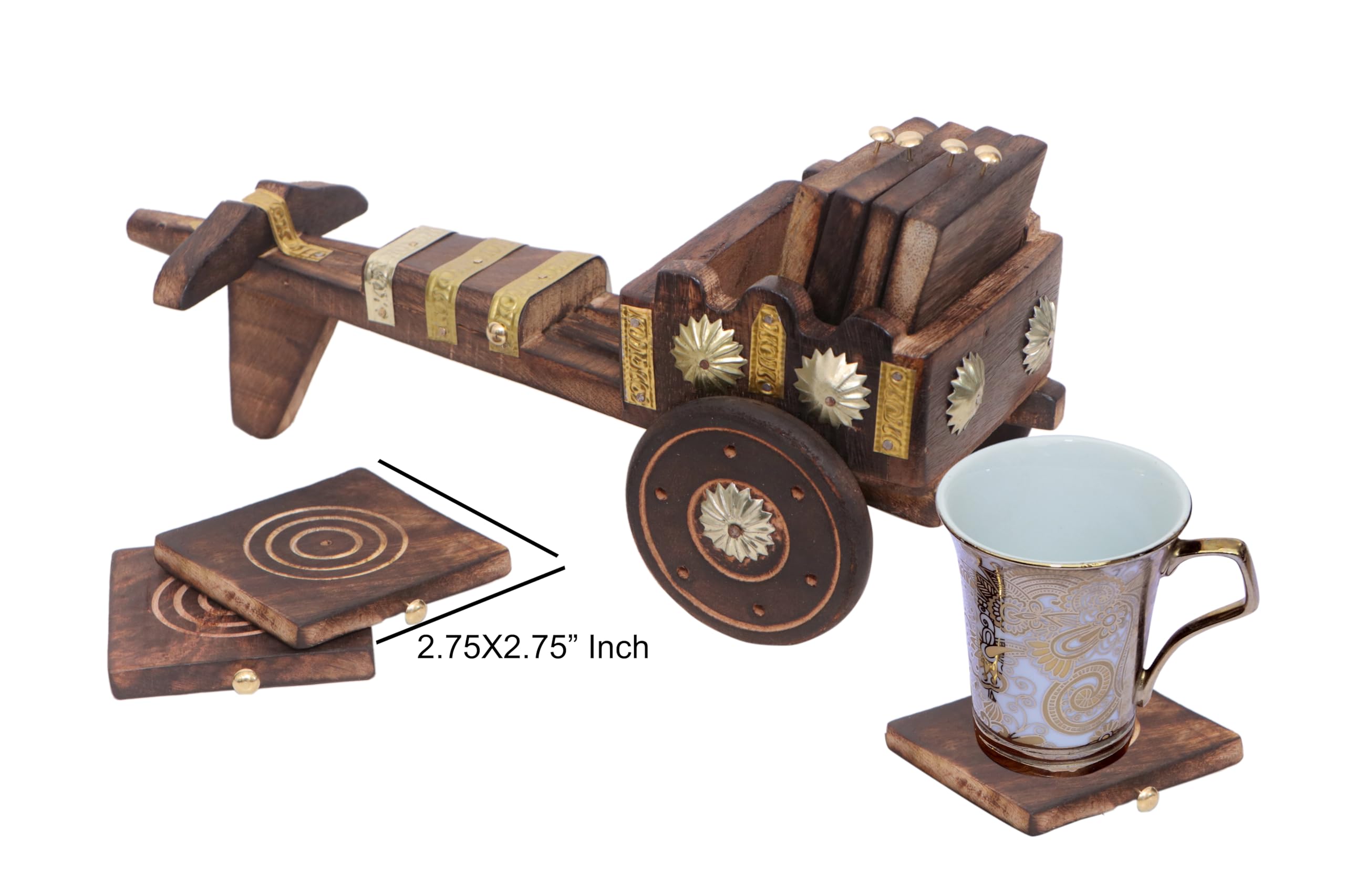 Handmade Bullcart Design Coasters Set of 6 - Natural Mango Wood Drink Coasters for Coffee, Tea, Beer & Cocktails - Perfect for Home Bar, Kitchen & Dining Table Decor