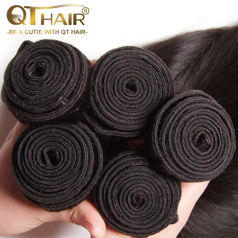 QTHAIR 100% Unprocessed 16A Virgin Indian Human Hair Bundles - Straight Natural Black Hair Weft Extensions (18