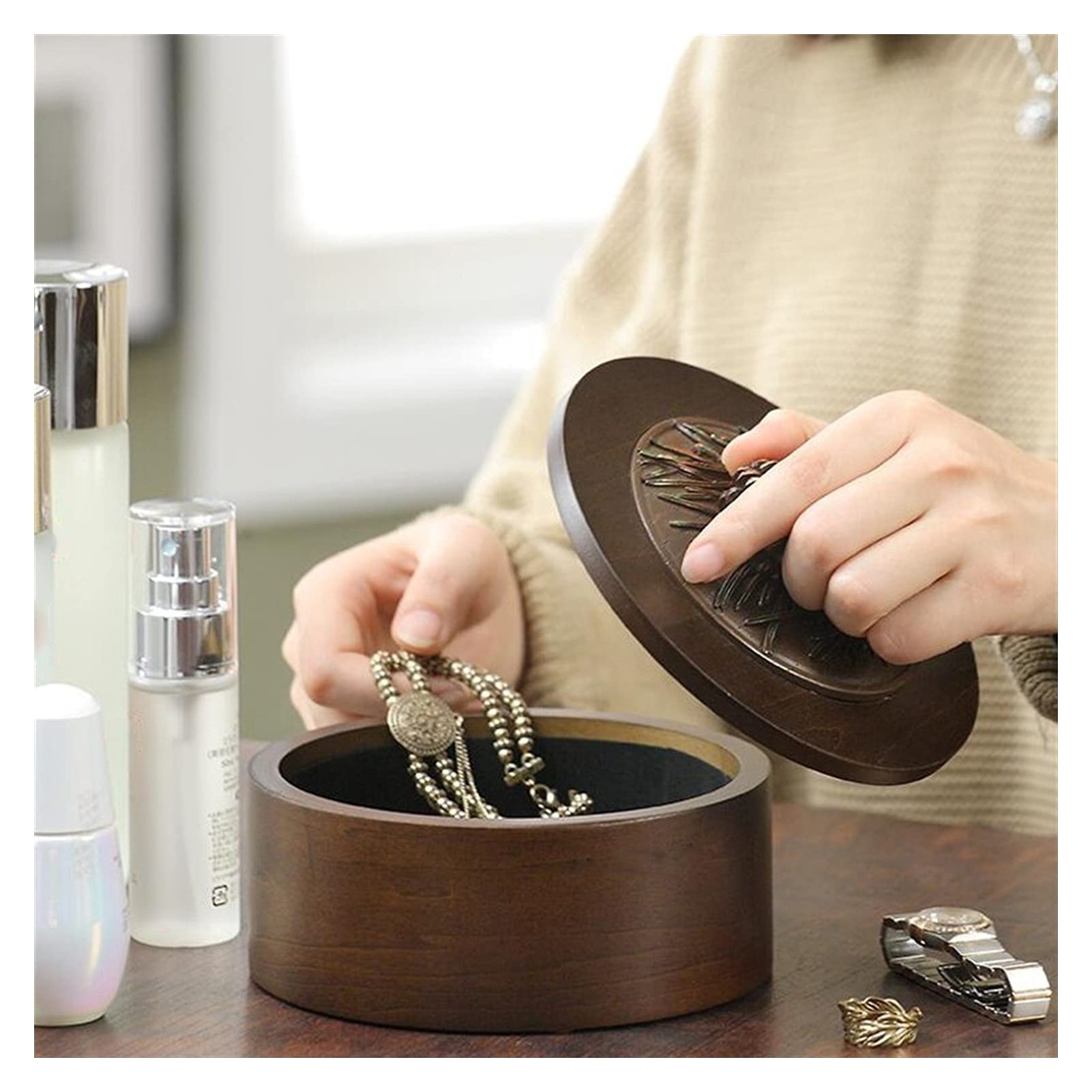 Creative Wooden Jewelry Storage Box - Large Capacity Makeup Organizer with Round Design - Perfect for Necklace, Ring & Earring Organization - Great Gift Idea for Women, Birthday & Anniversary (Desktop Organizer, Home Decor)