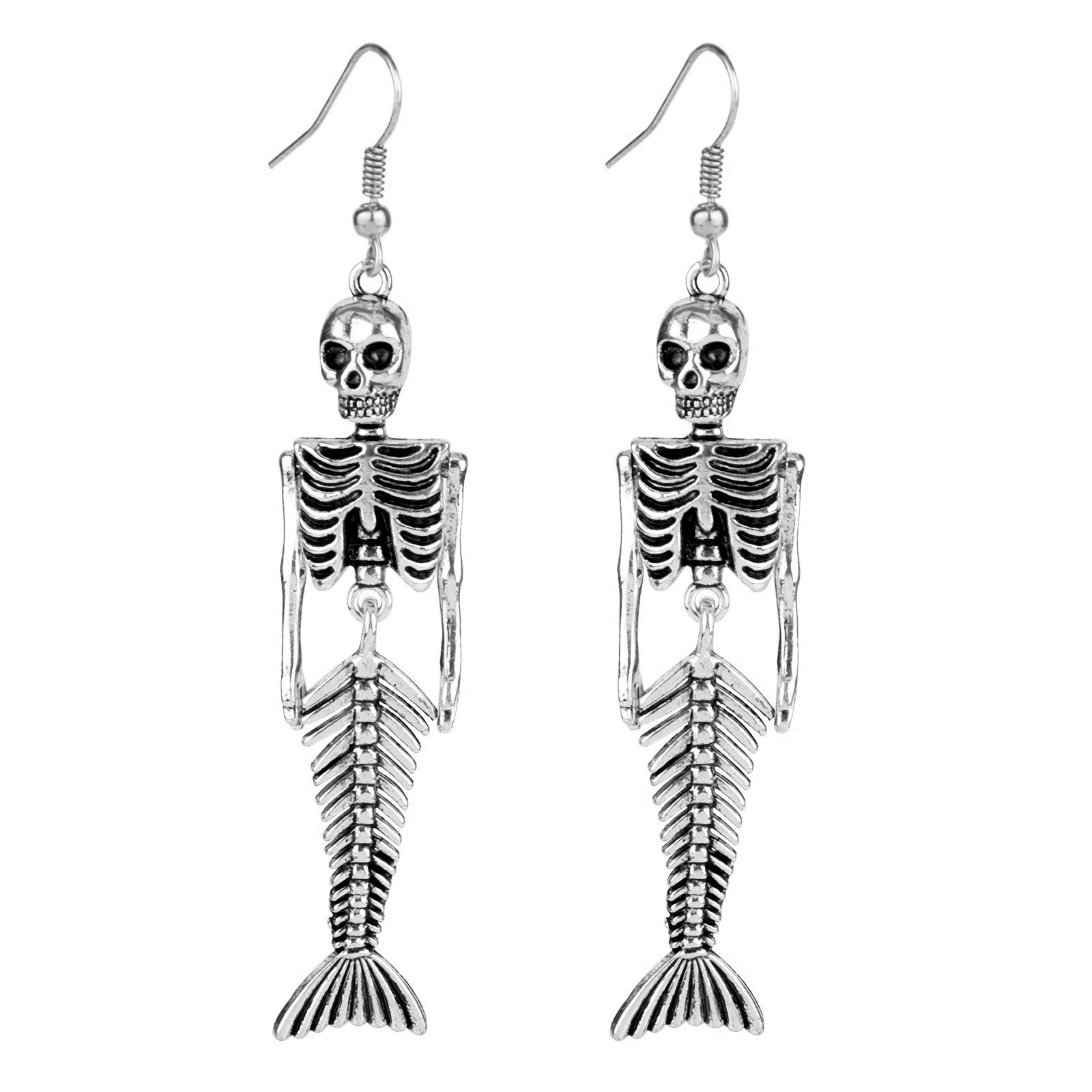 Vintage Silver Plated Human Skeleton Bones & Mermaid Skull Charm Dangle Earrings for Women & Men - Gothic Jewelry for Halloween, Cosplay, and Alternative Fashion