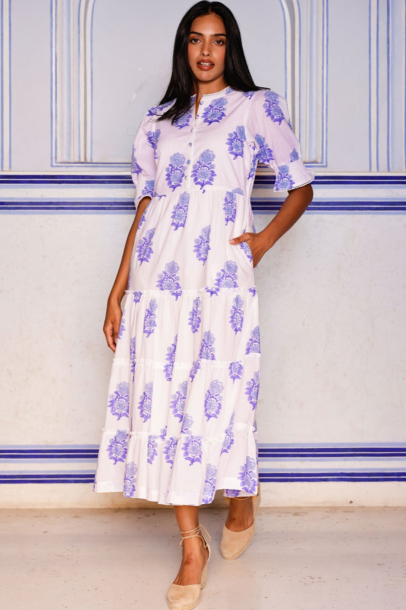 Organic Cotton Block Print Dress - Cordelia Pansy Buta White/Blue Floral | Boho Chic Summer Dress for Beach, Vacation & Casual Wear