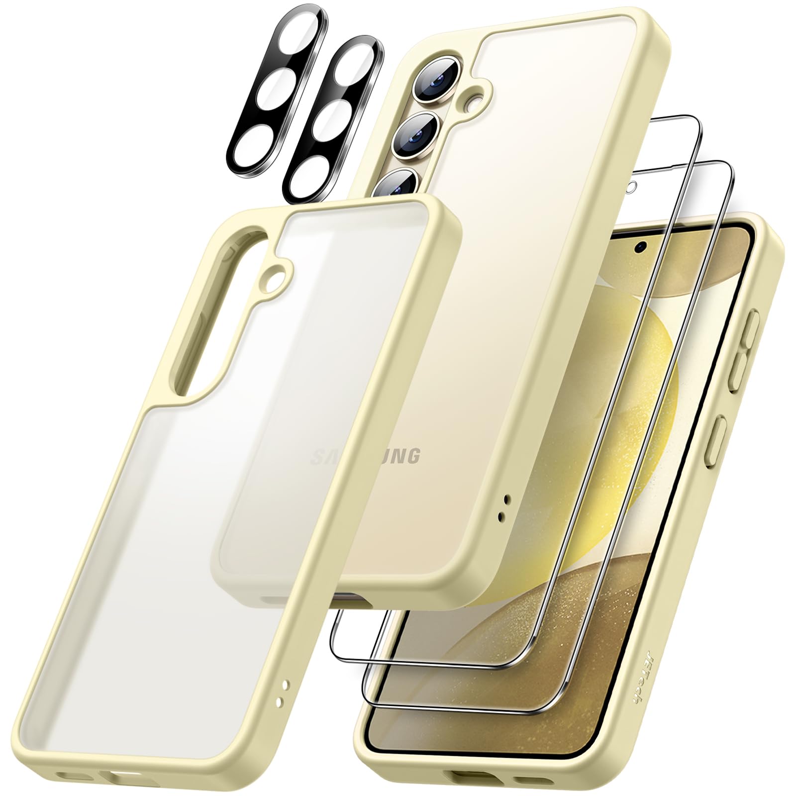 JETech 5-in-1 Matte Case for Samsung Galaxy S24+ / S24 Plus 5G - 2-Pack Tempered Glass Screen Protector & Camera Lens Protector - Translucent Back Shockproof Phone Cover (Amber Yellow) - Perfect for Daily Use, Work & Outdoor Activities