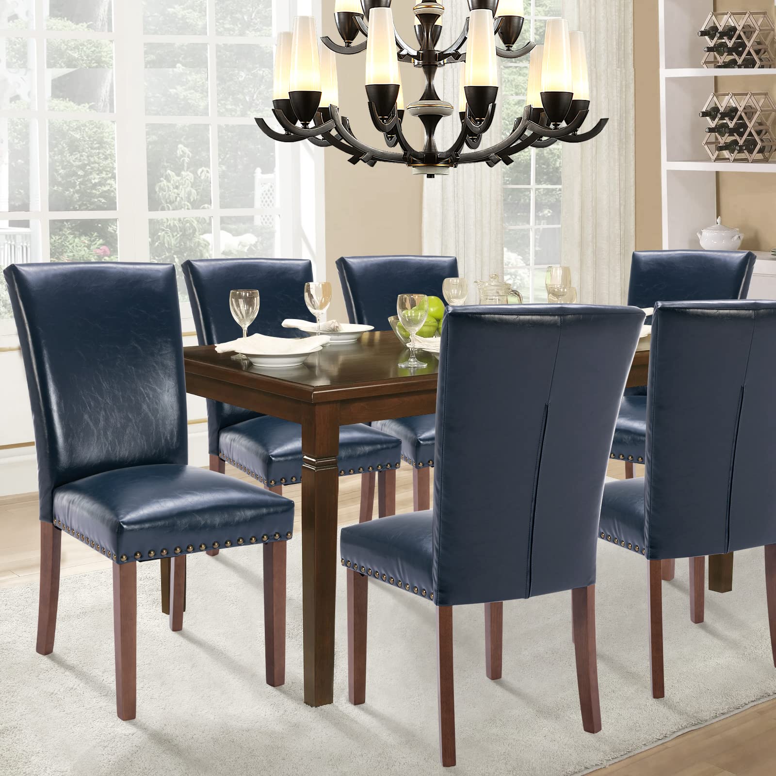 Parsons Dining Chairs Set of 4 - Upholstered PU Leather Kitchen Side Chairs with Nailhead Trim, Thick Cushions & Sturdy Wood Legs in Blue | Elegant Dining Room & Kitchen Seating for Family Gatherings
