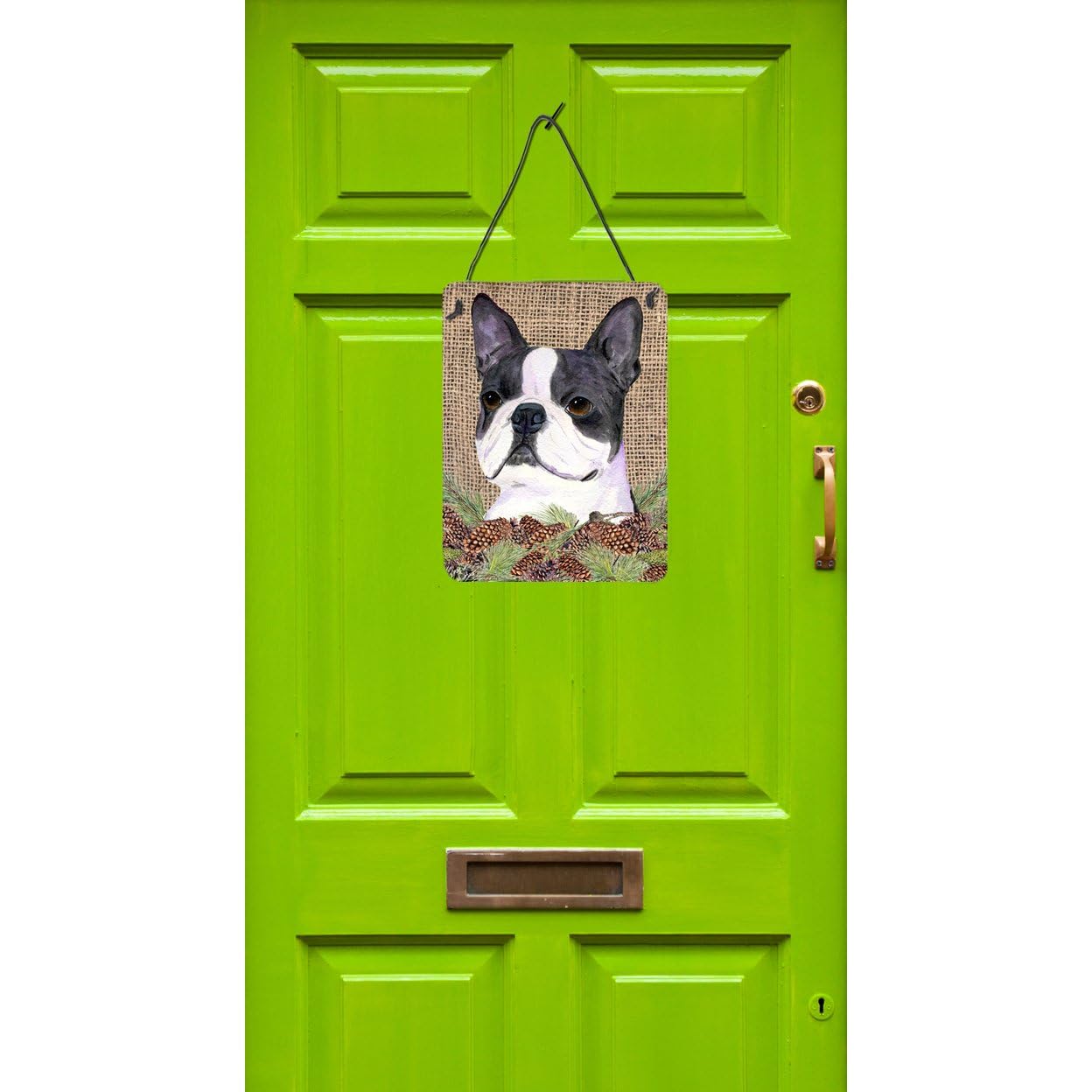 Boston Terrier Metal Wall Art Sign - 12x16 Faux Burlap with Pine Cones Decor for Kitchen, Bathroom, Bar & Front Door | Rustic Home & Pet Lover Gift | Indoor/Outdoor Hanging Plaque
