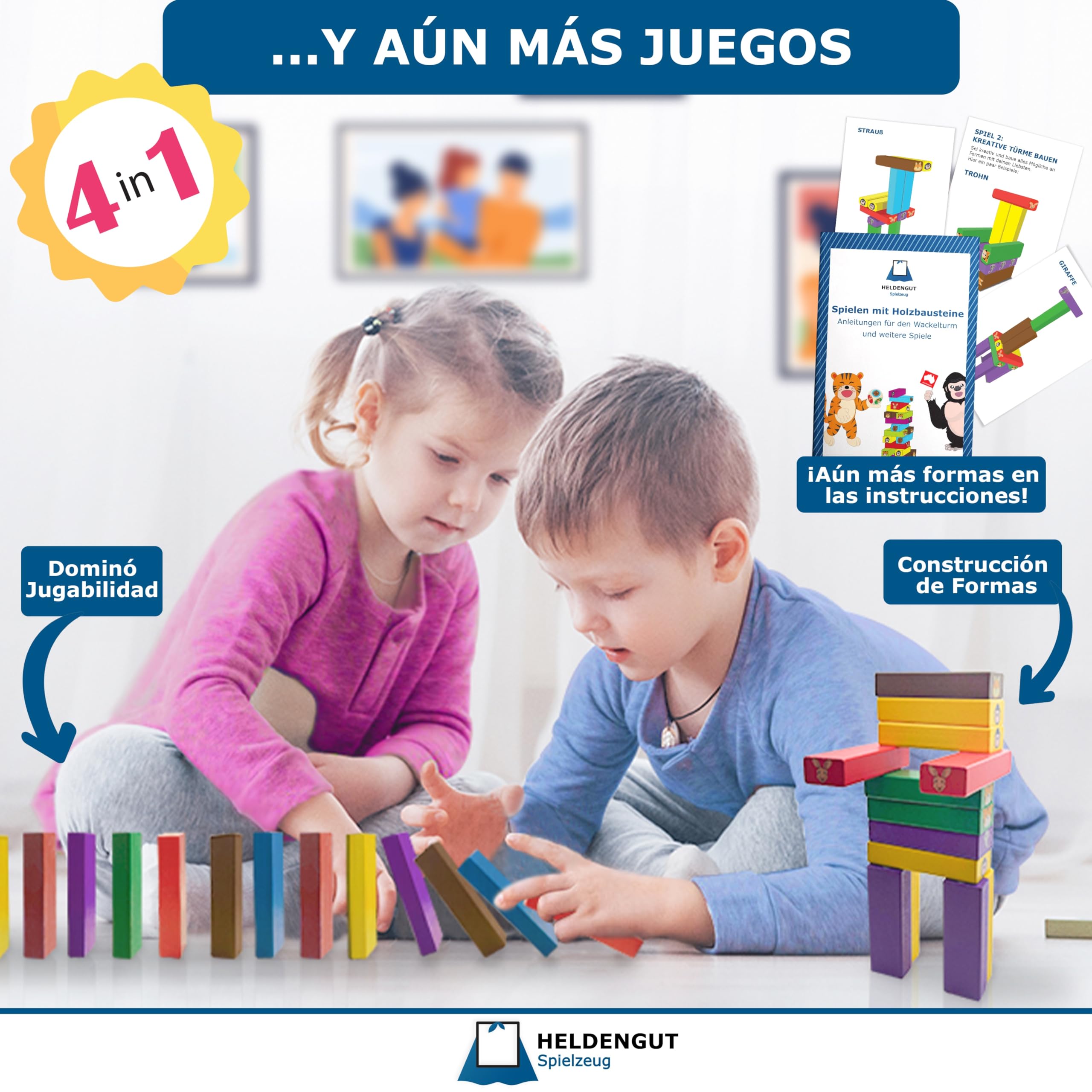 HELDENGUT® 4-in-1 Wooden Wobble Tower Stacking Game for Kids Ages 3+ | Premium Montessori Learning Toy for Toddlers & Preschoolers - Perfect Gift for Boys & Girls (Indoor Play, Birthday Party, Early Childhood Education)