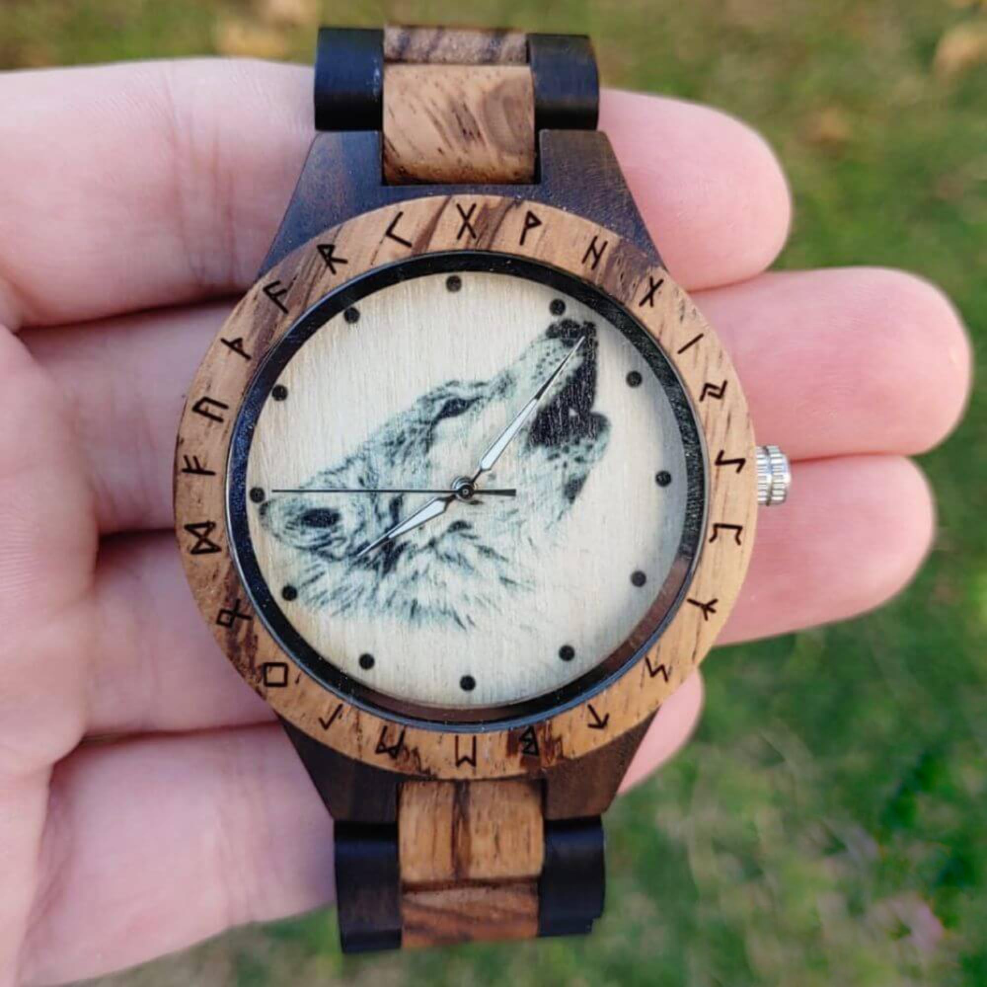 Premium Viking-Themed Wooden Watches for Men – Handcrafted Engraved Wooden Chronograph Wristwatch – Personalized Luxury Gift for Him – Custom Name/Date Engraving – Perfect for Outdoor Adventures, Business Meetings & Unique Gifts
