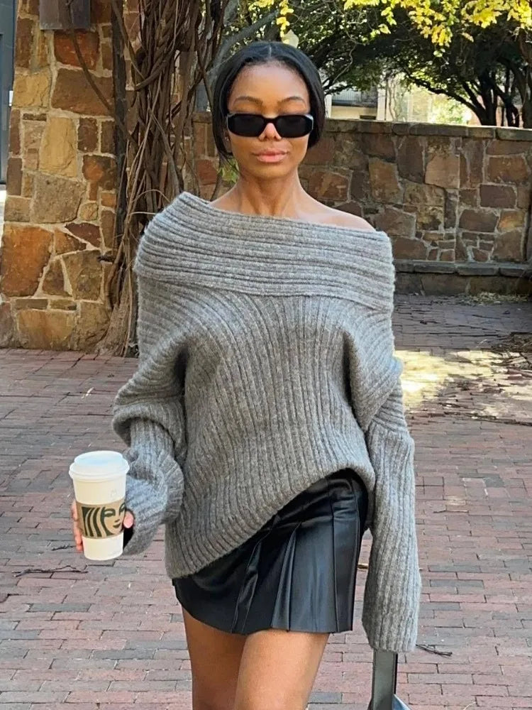 2024 Women's Oversized Autumn Sweater - Sexy Slash Neck Knit Pullover, Long Sleeve Loose Fit Casual Knitwear | Perfect for Fall Layering, Coffee Dates & Cozy Evenings