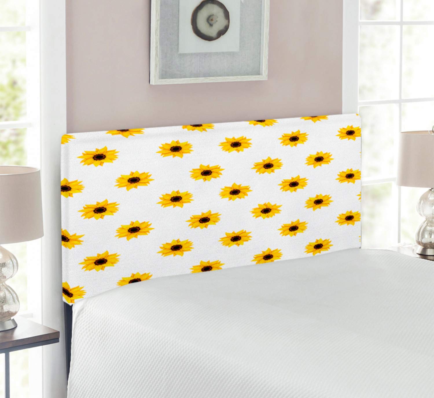 Ambesonne Sunflower Headboard - Vibrant Sunflower Pattern on White Background, Upholstered Metal Bed Frame with Memory Foam - Twin Size Yellow - Perfect for Farmhouse, Boho & Spring Bedroom Decor
