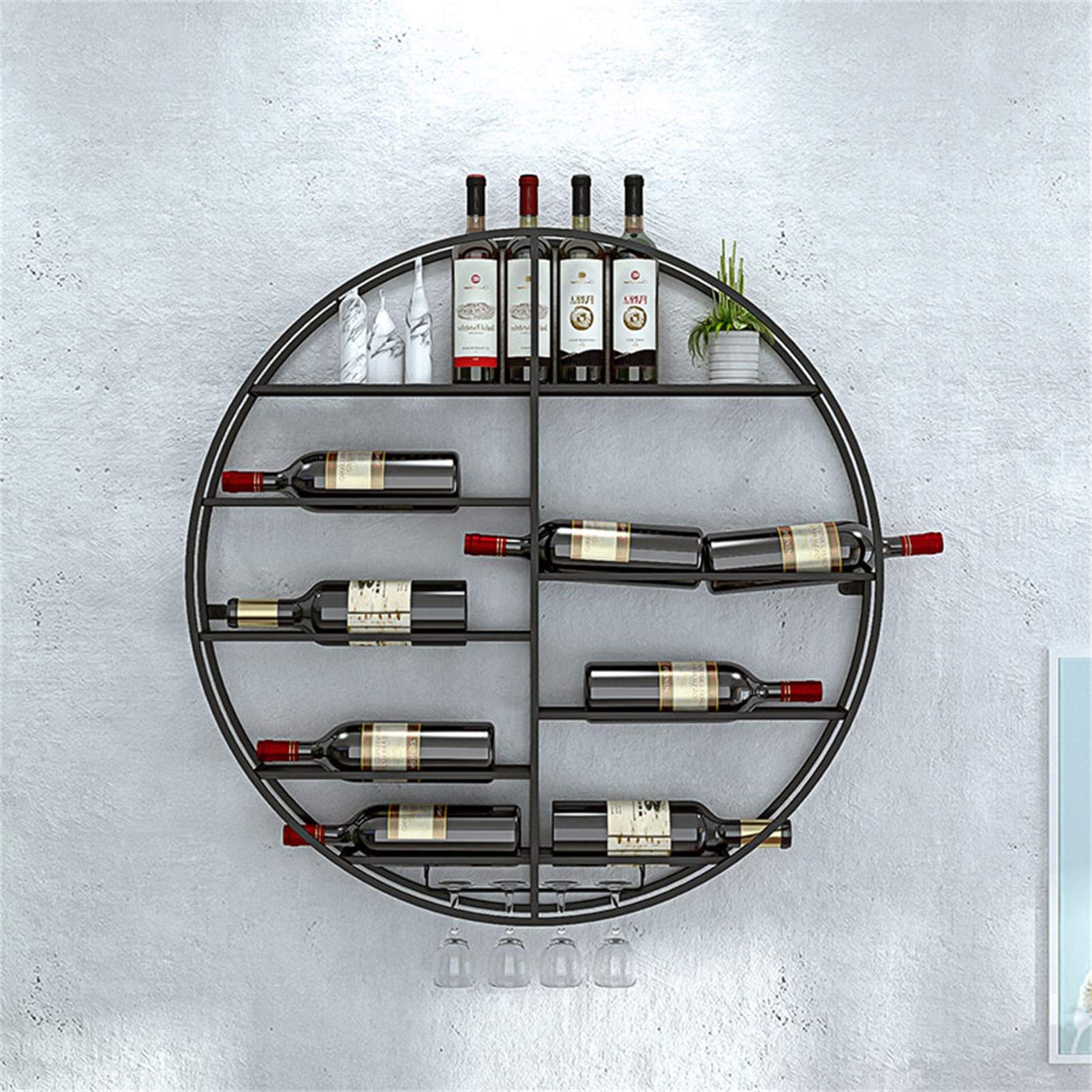 Wall Mounted Round Wine Rack - Large Capacity for 12 Bottles & 4 Stem Glasses - Black Wine Display Shelf (90x10x90cm) - Perfect for Kitchen, Dining Room or Bar Decor