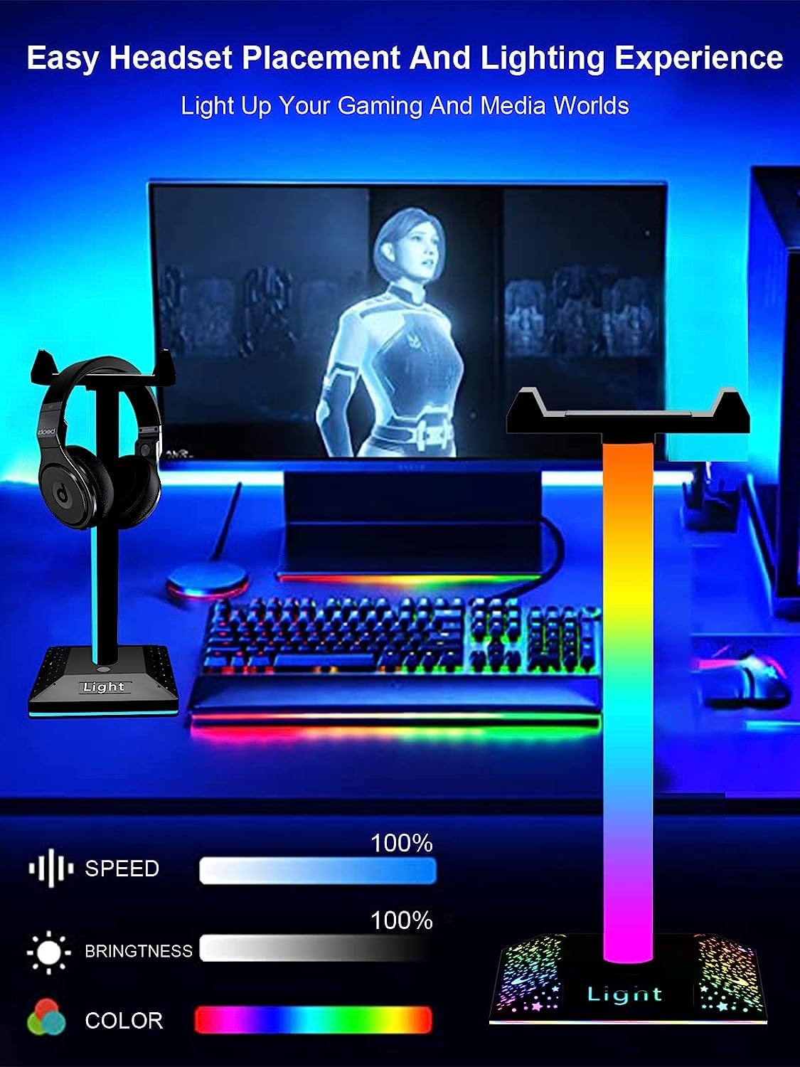 GIPOYENT RGB Gaming Headset Stand with USB Port & LED Lights - Desktop PC Gaming Accessories for Headphones - Perfect for Gaming Setups, Streaming & Office Workstations