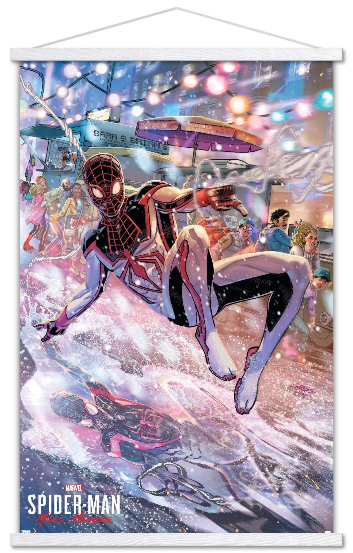 Trends International Marvel Spider-Man: Miles Morales-Javier Garron Wall Poster with Magnetic Frame - 22.375 x 34 Inches Premium Print & White Hanger Bundle - Perfect for Home Decor, Office, Bedroom, and Gifts for Marvel Fans