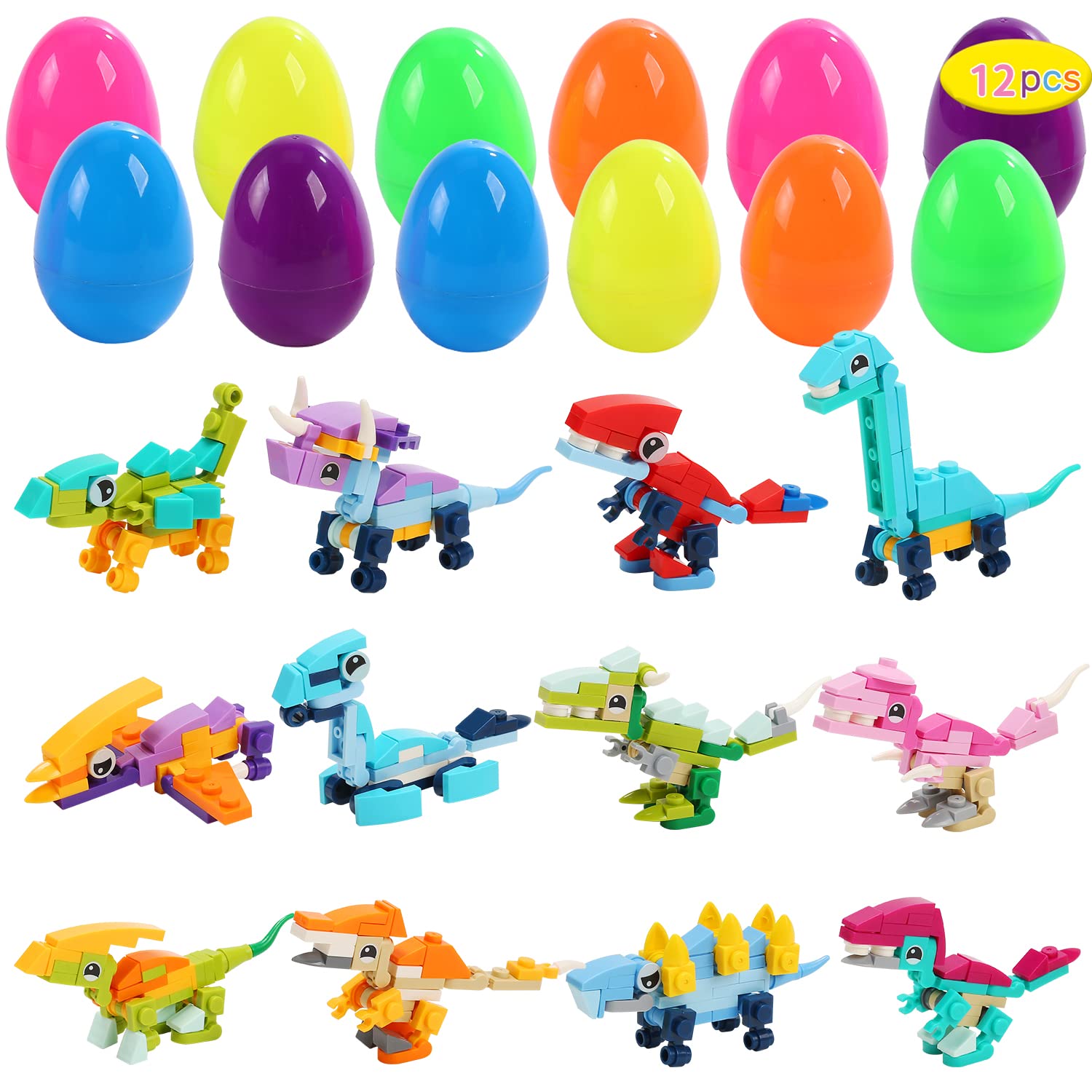 Dinosaur Building Blocks Easter Eggs - 12 Pack Filled Easter Basket Stuffers for Boys & Girls | Easter Party Favors & Kids STEM Toys | Perfect for Easter Egg Hunts, Classroom Rewards & Birthday Gifts