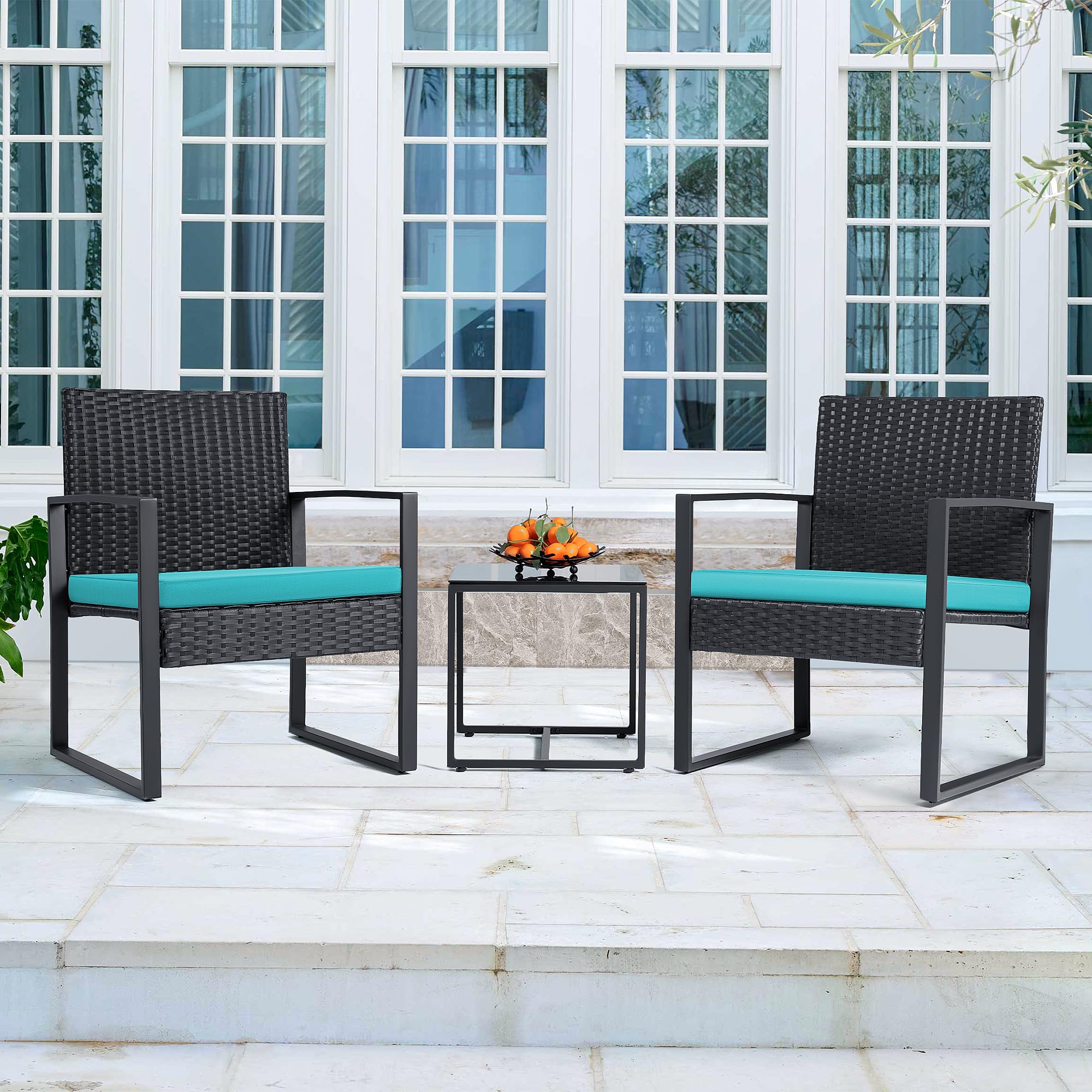 Modern Outdoor Wicker Bistro Set - Patio Furniture with Rattan Chairs & Coffee Table for Garden, Backyard, Balcony (Blue) | Perfect for Relaxing, Entertaining & Outdoor Dining