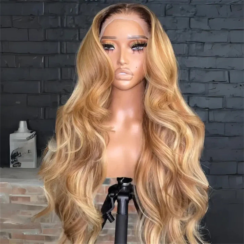 Eullair Honey Blonde Highlight Body Wave Human Hair Wig with Dark Roots - Glueless Lace Frontal Wig for Women | Perfect for Daily Wear, Cosplay, and Special Occasions