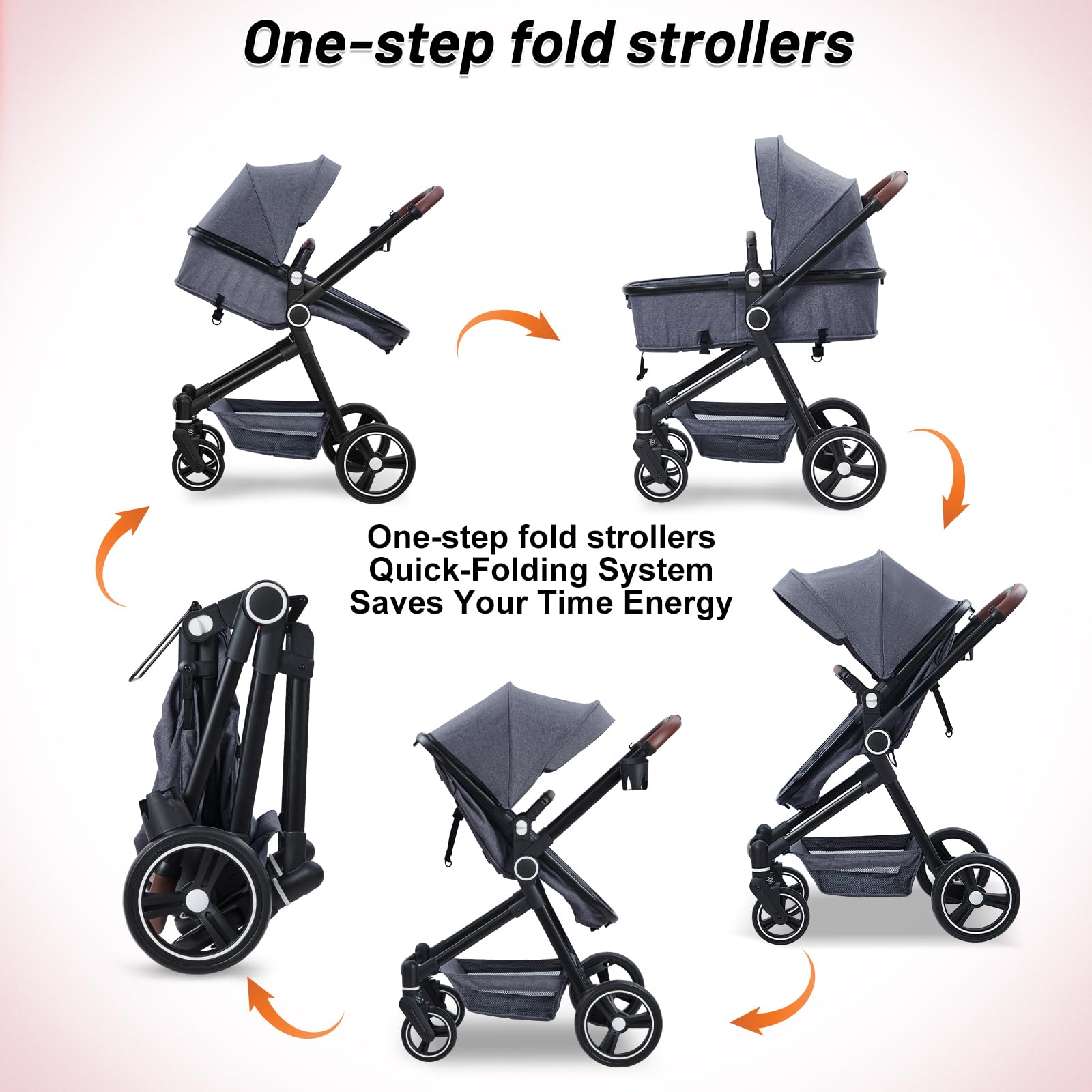 2 in 1 Baby Stroller for Newborn to Toddler (0-3 Years) - Convertible Bassinet Stroller with Large Storage Basket, Shock Absorption & Removable Seat - Perfect for Shopping, Travel & Daily Walks with Cup Holder & Parent Tray