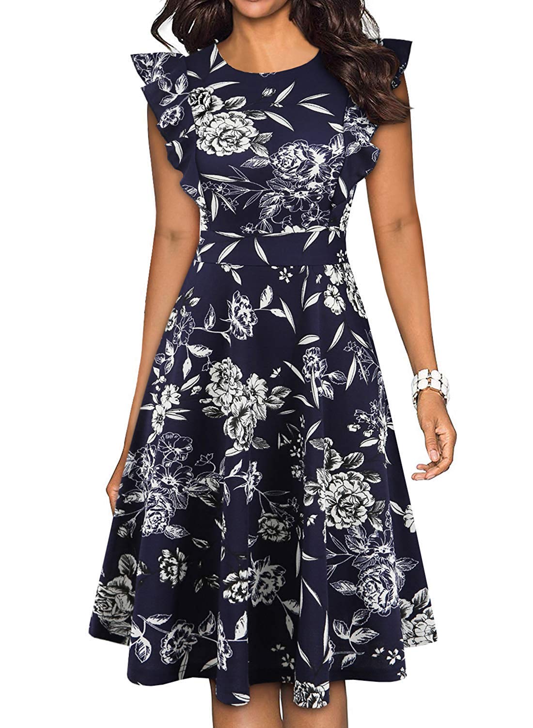 Vintage Floral Ruffle A-Line Swing Dress for Women - Elegant Cocktail Party Dress with Pockets | Perfect for Garden Parties, Date Nights & Special Occasions