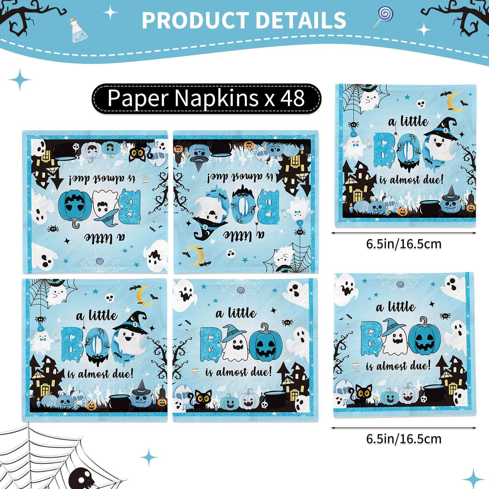 48Pcs Little Boo Baby Shower Napkins - Blue Halloween Themed Party Decorations for Baby Boy | Perfect for Baby Shower, Halloween Party & Gender Reveal Celebrations