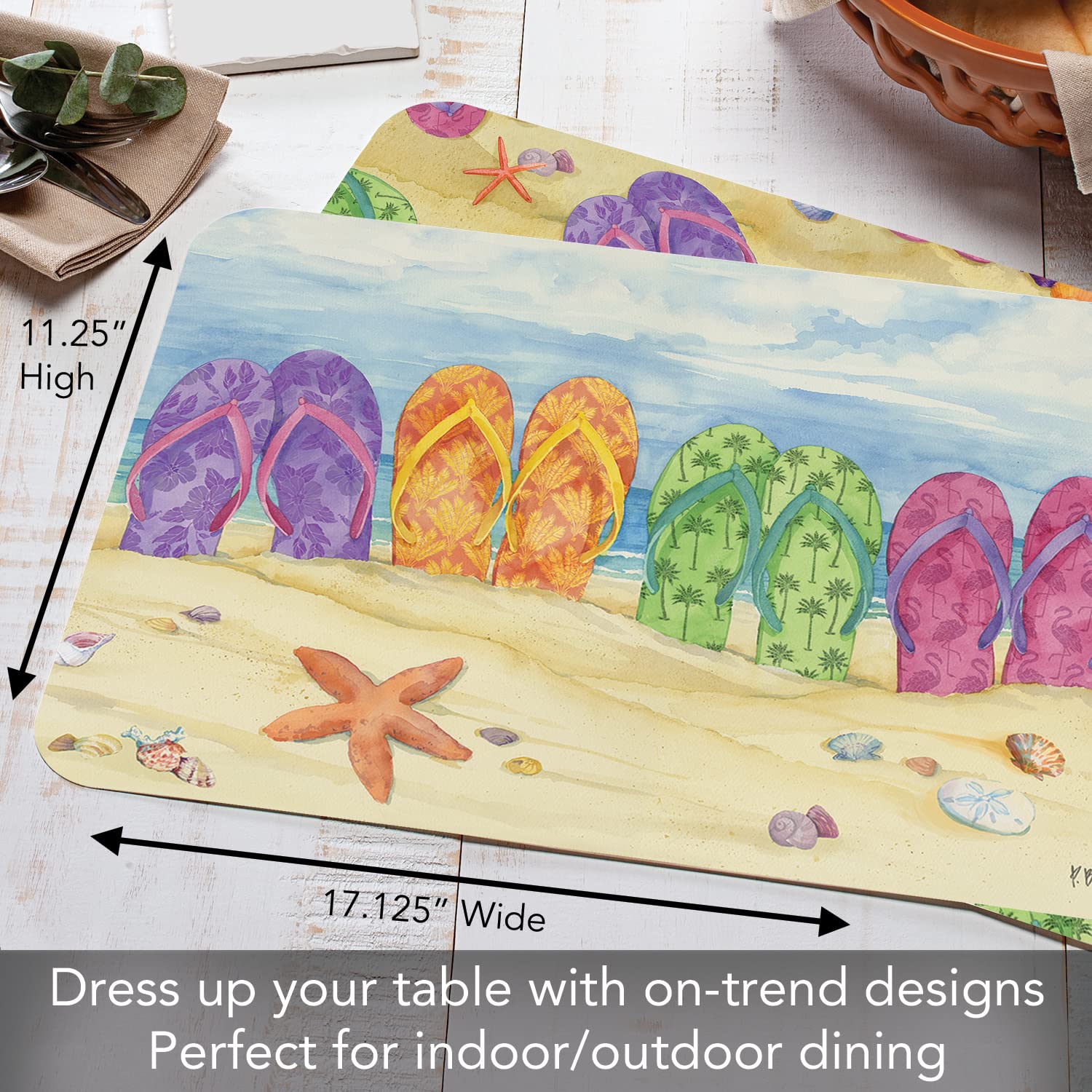 CounterArt Toes in The Sand 4 Pack Reversible Plastic Placemats - Durable, Easy-Clean & Flexible for Dining Table, Kitchen, Picnic & Outdoor Use