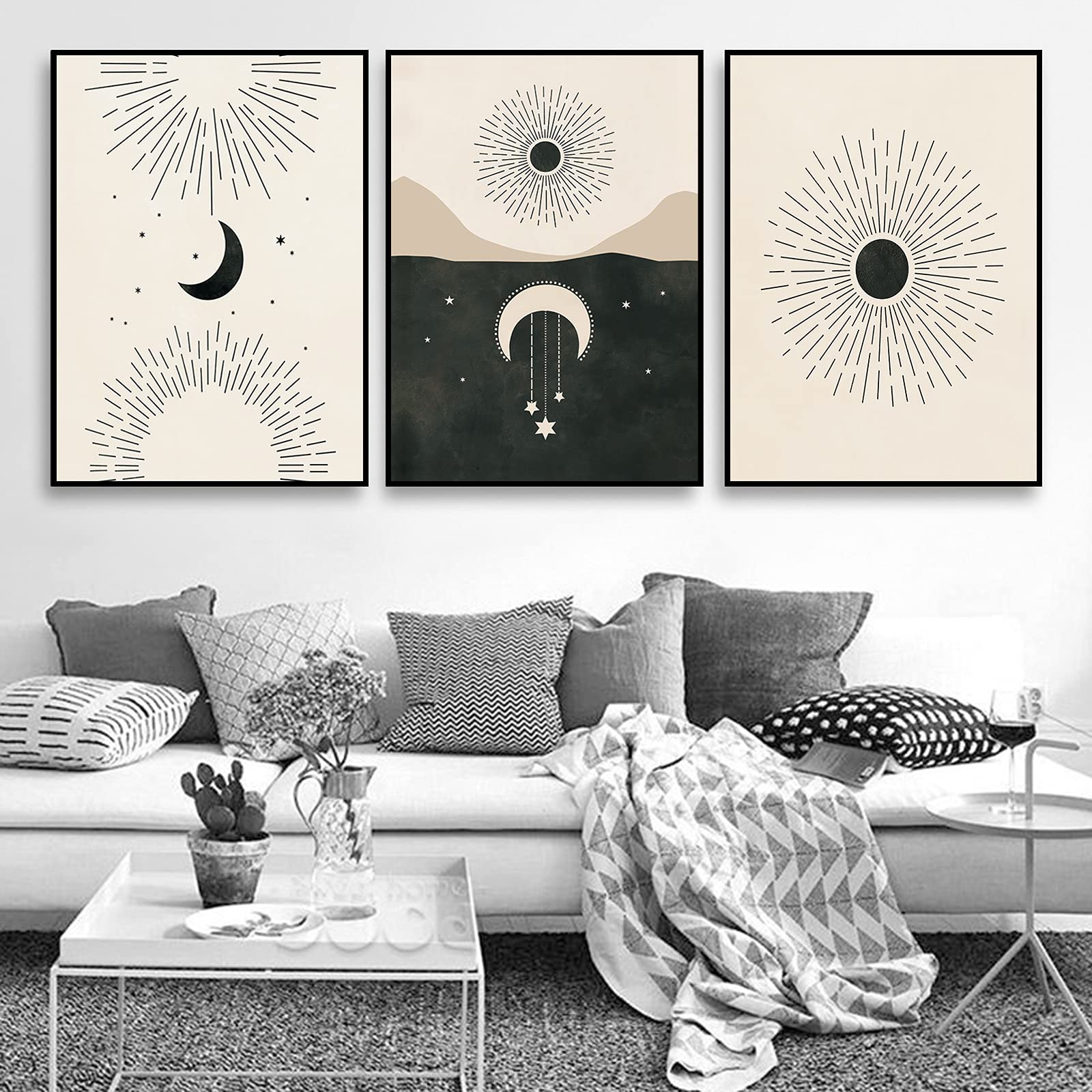 Abstract Line Wall Art Print Set of 3 - Boho Sun Moon Stars Minimalist Poster 12x16 Inch Unframed - Modern Living Room Decor, Bedroom Wall Art, Office Aesthetic