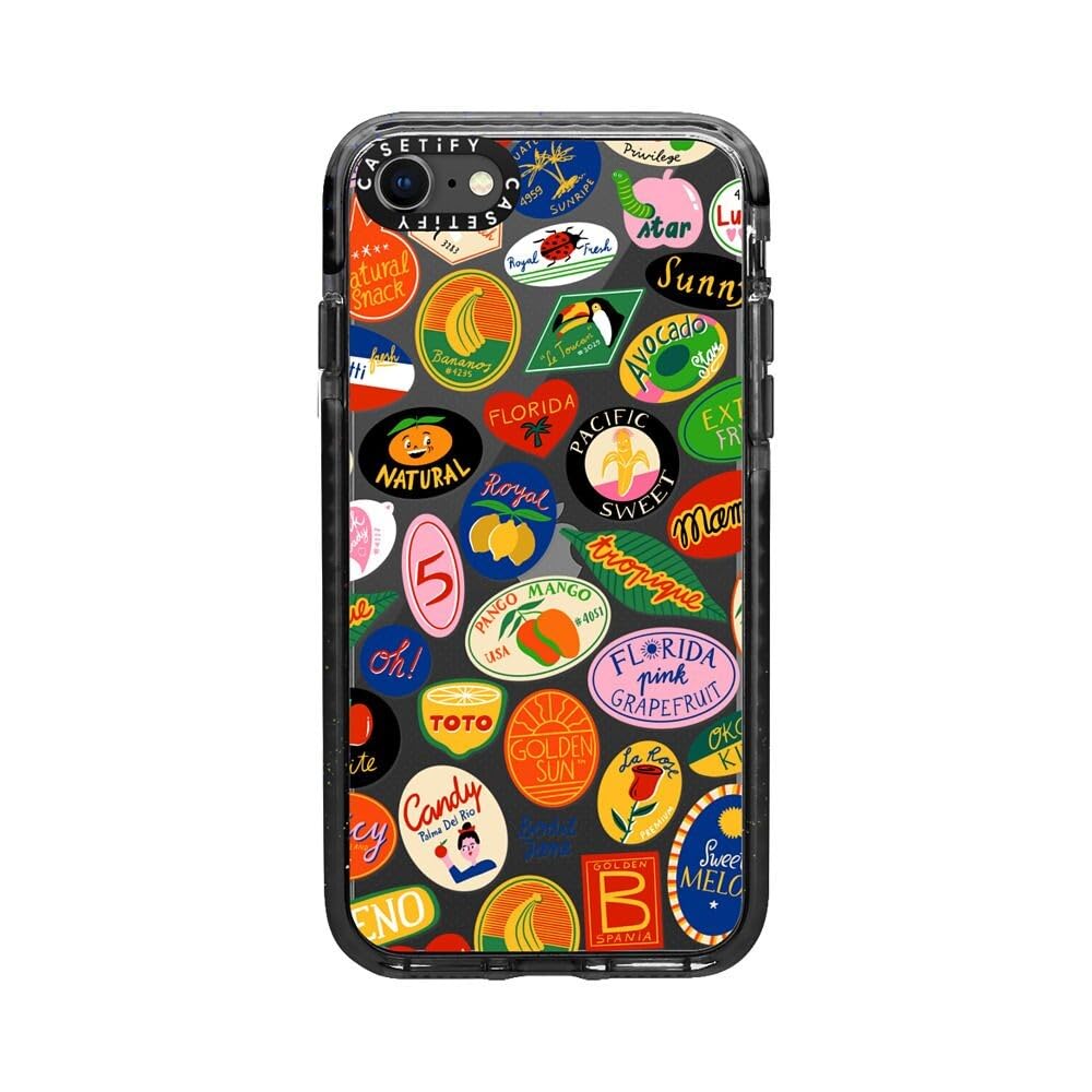 CASETiFY Impact Case for iPhone SE (2020/2022) & iPhone 7/8 - Durable Clear Black Phone Cover with Fruit Stickers - Perfect for Everyday Protection & Style