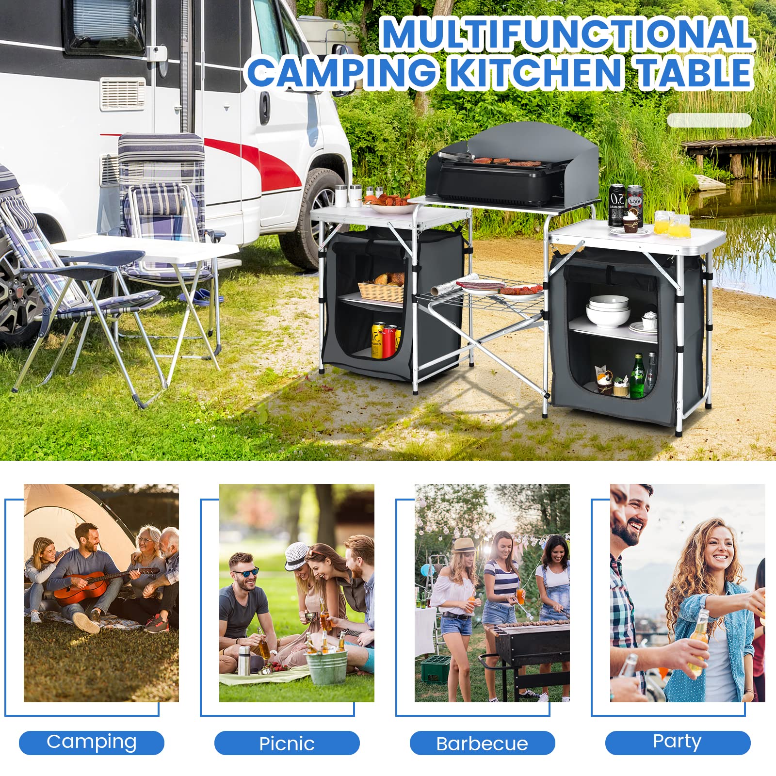 Tangkula 2-Tier Aluminum Folding Camping Table with Windscreen - Portable Outdoor Cooking Station with Storage Shelves & Carry Bag - Perfect for Camping, Picnics, BBQs, Beach Parties & Tailgating