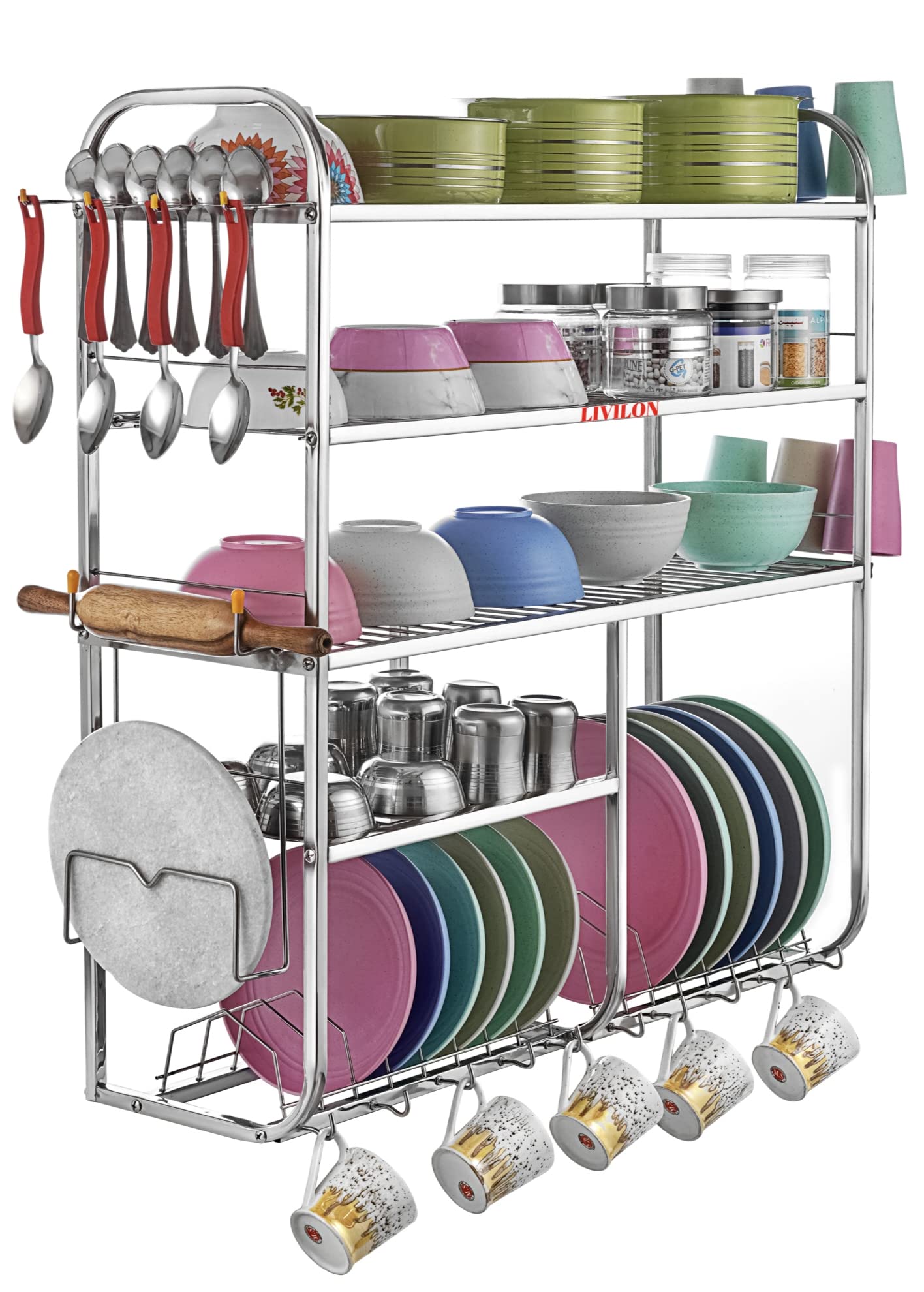 Stainless Steel Wall Mount Kitchen Utensil Rack - 5 Shelf Dish Organizer for Spoons, Plates & Cutlery (31x30x10 Inches) - Space Saving Kitchen Storage Solution for Small Apartments & Organized Cooking Spaces