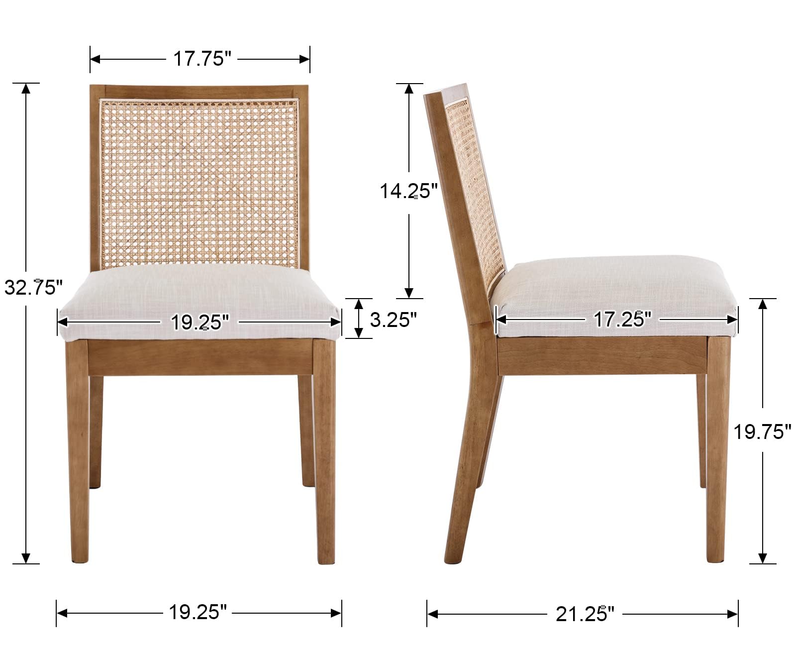 Vintage Rattan Dining Chairs Set of 2 - Mid Century Modern Kitchen & Dining Room Chairs with Cane Upholstery and Solid Hardwood Frame in Beige - Perfect for Farmhouse, Boho, or Coastal Style Dining Areas