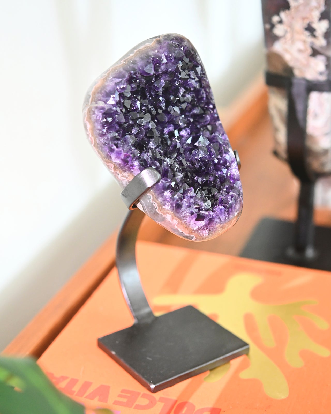 Natural Amethyst Crystal Geode on Wooden Stand - 3.9lbs Healing Stone for Home Decor, Meditation & Spiritual Gifts