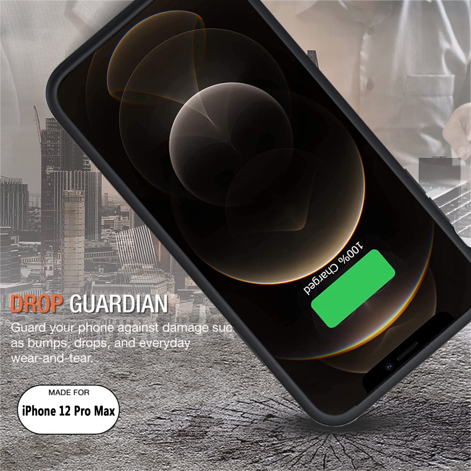 10800mAh Wireless Charging Battery Case for iPhone 12 Pro Max (6.7 inch) - Rechargeable Portable Power Bank with CarPlay Support | Perfect for Travel, Work & Outdoor Activities (Black)