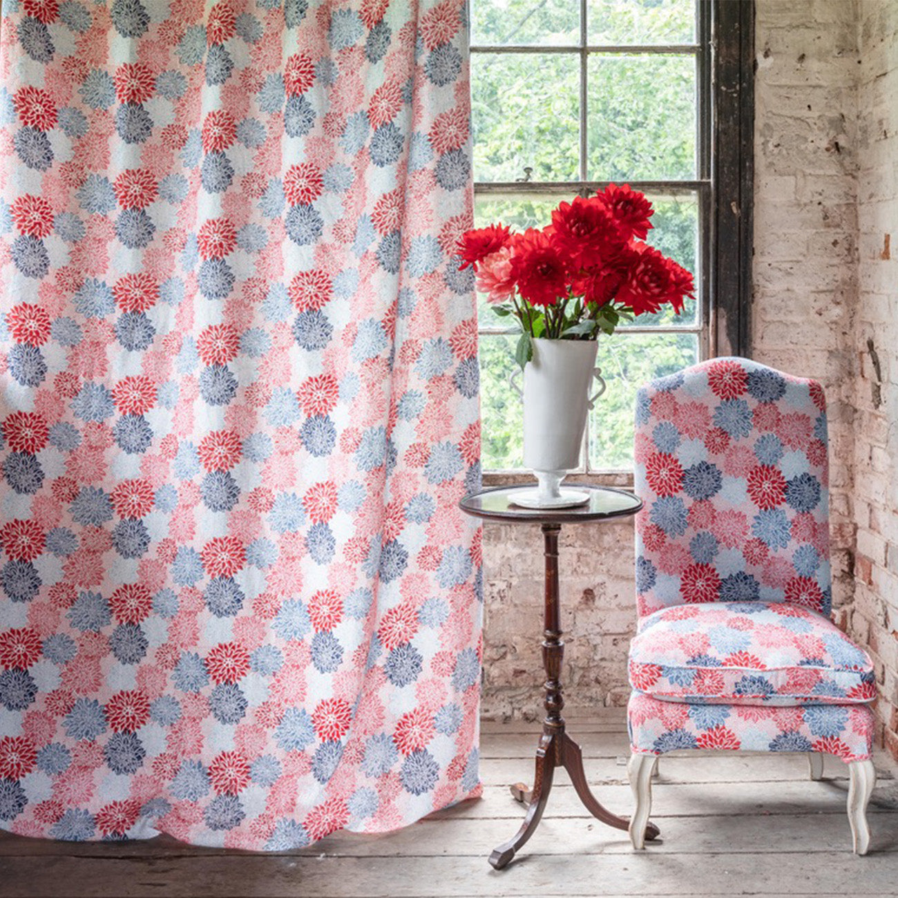 Premium Dahlia Block Printed Cotton Fabric - Crimson & Indigo Handmade Textile for Home Decor, Quilting, and DIY Crafts