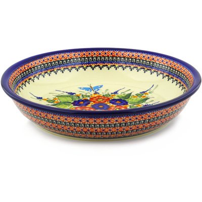 Blue Rose Polish Pottery Floral Butterfly Large Shallow Serving Bowl - Handmade Ceramic Dish for Salads, Pasta, Fruit & Entertaining