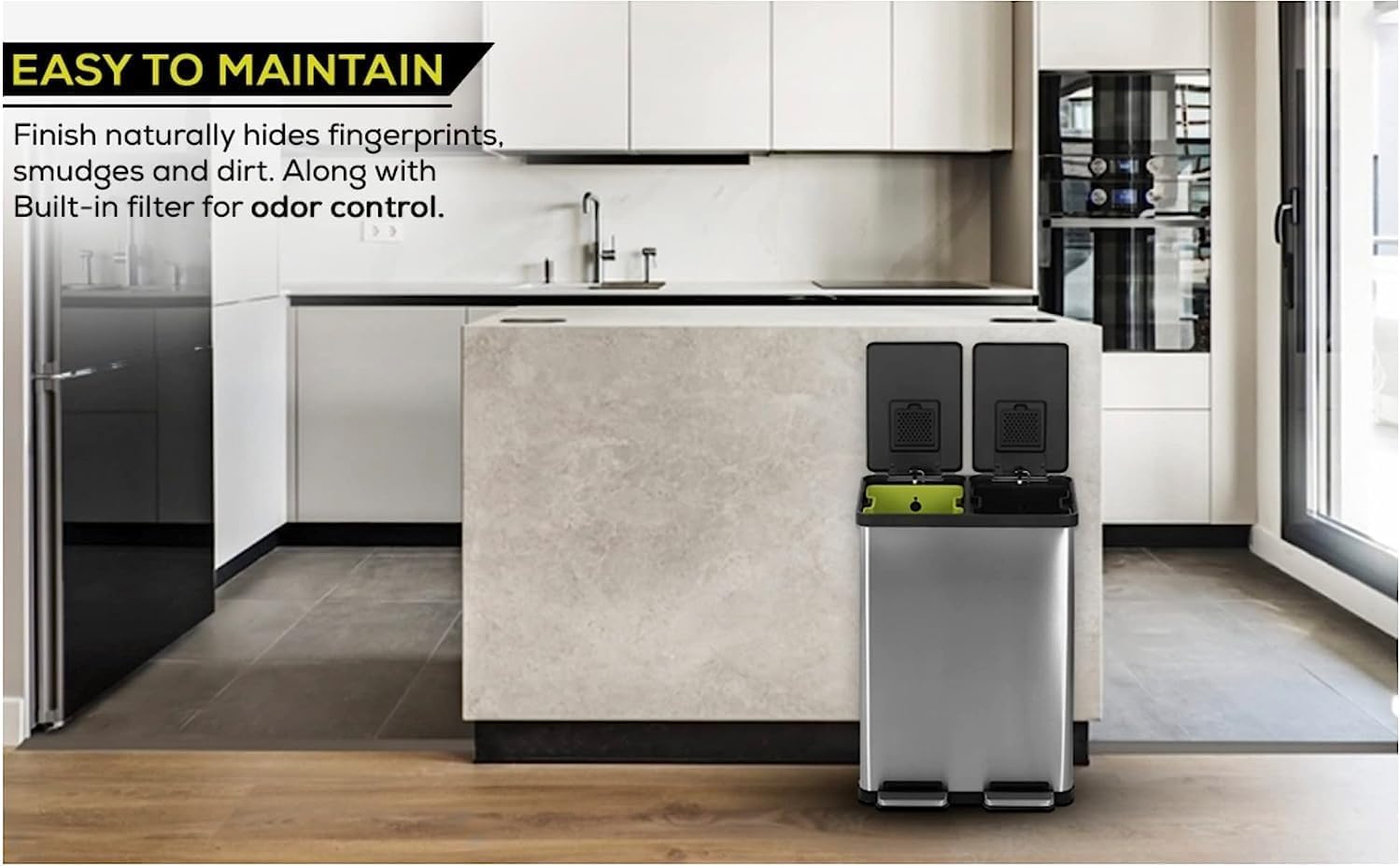 SIMPLI-MAGIC 60L/16 Gallon Stainless Steel Step Trash Can with Soft-Close Lid - Dual Compartment Recycling Bin for Kitchen, Office & Bathroom - Hands-Free Operation, Brushed Finish (38L x 22L Capacity) - Perfect for Waste Sorting & Space Saving