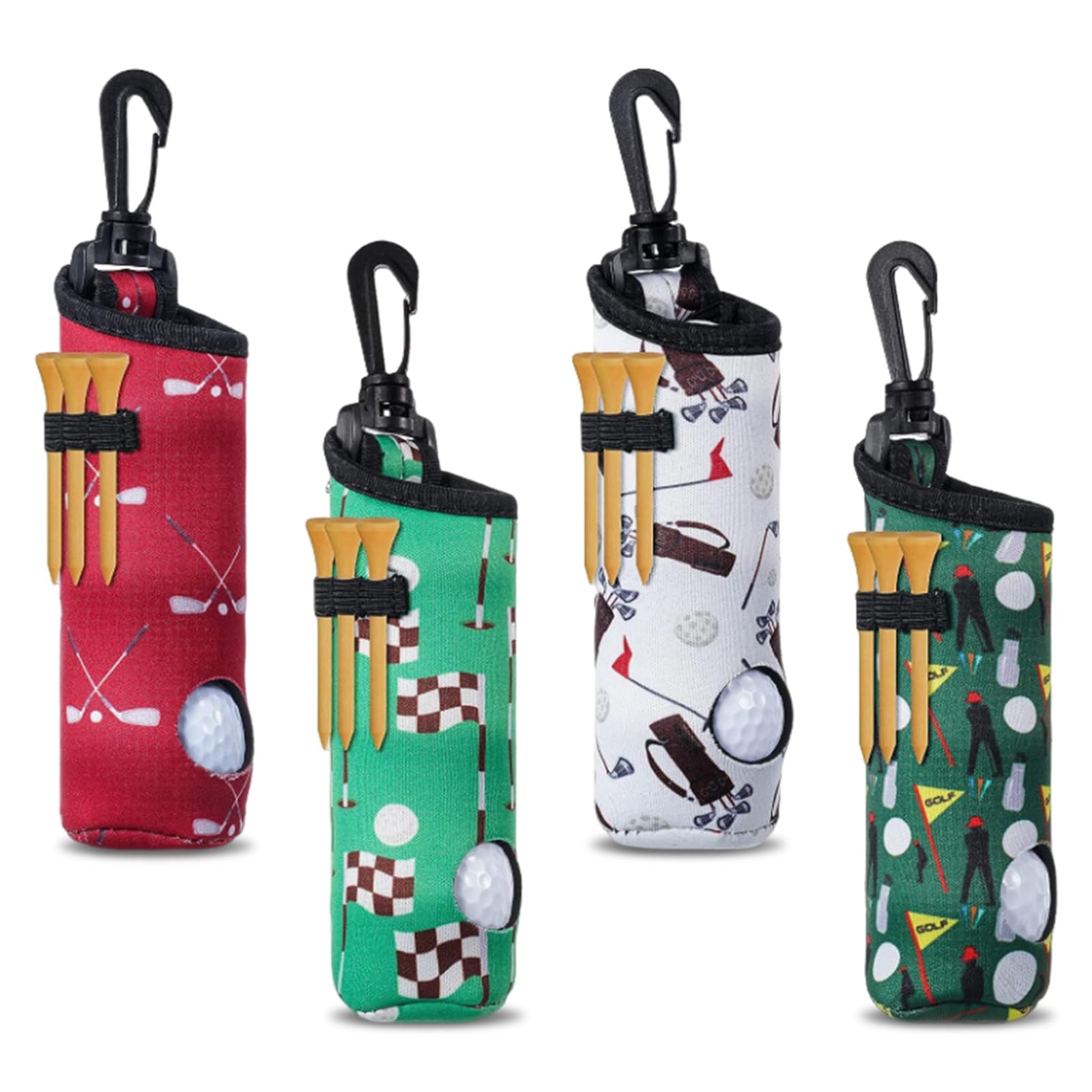 4-Piece Golf Ball Tee Holder Set - Portable Golf Ball Carry Bag Pouch & Keychain Belt Clip - Ideal Golf Gifts & Accessories for Women & Girls - Perfect for Driving Range, Course Play & Travel